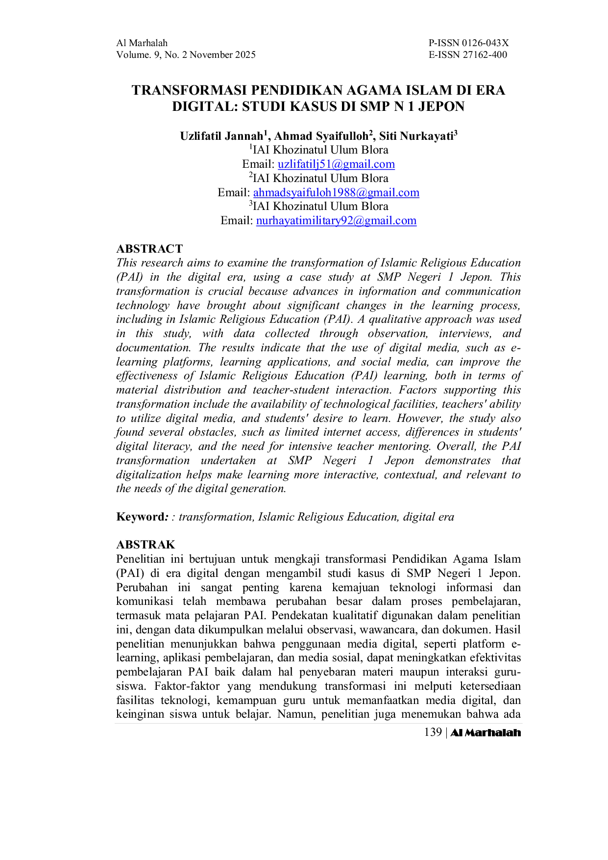 JURIS Transformasi Pendidikan Agama Islam di Era Digital Studi Kasus di SMP N 1 Jepon
