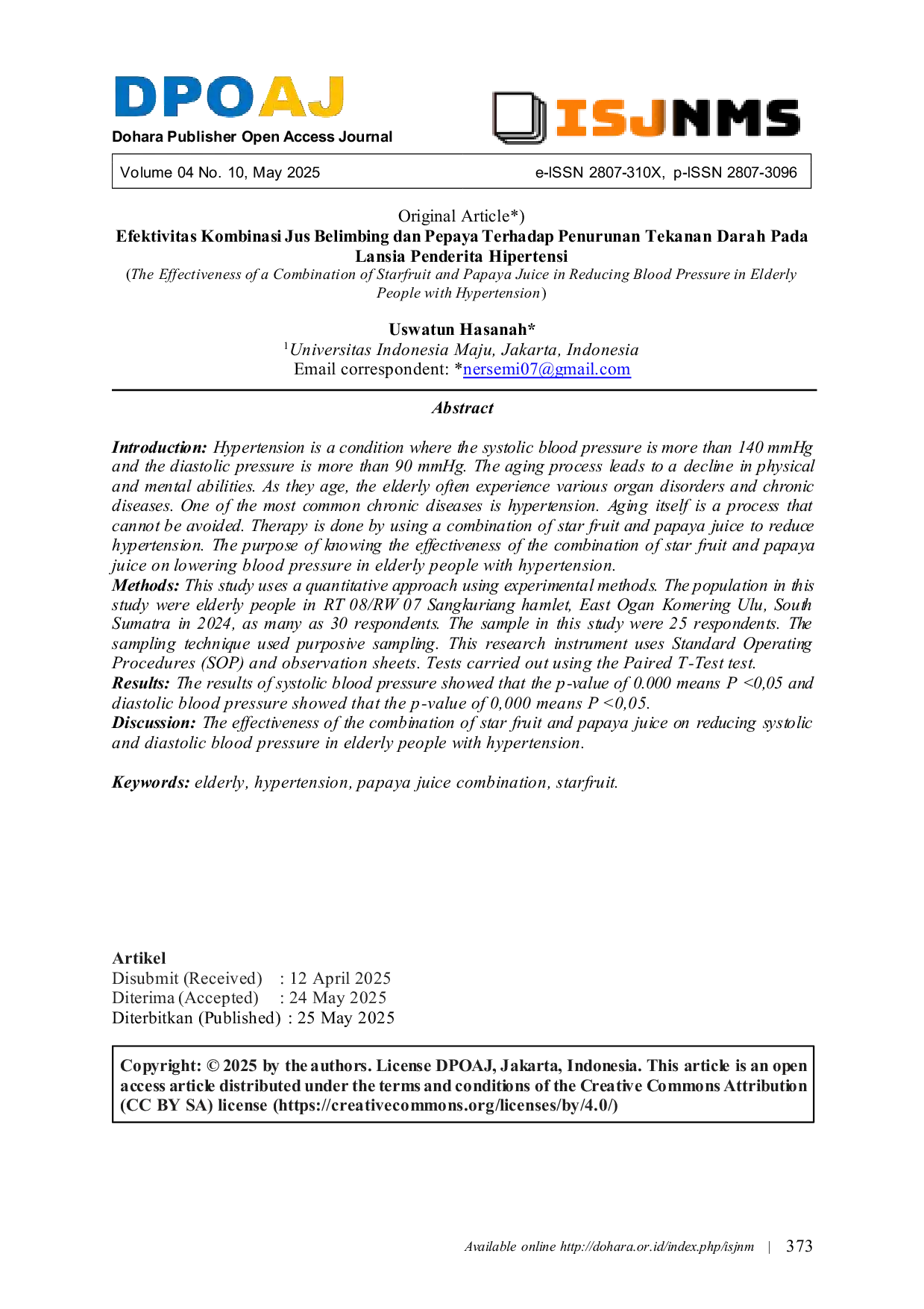 JURIS Efektivitas Kombinasi Jus Belimbing Dan Pepaya Terhadap Penurunan Tekanan Darah Pada Lansia Penderita Hipertensi