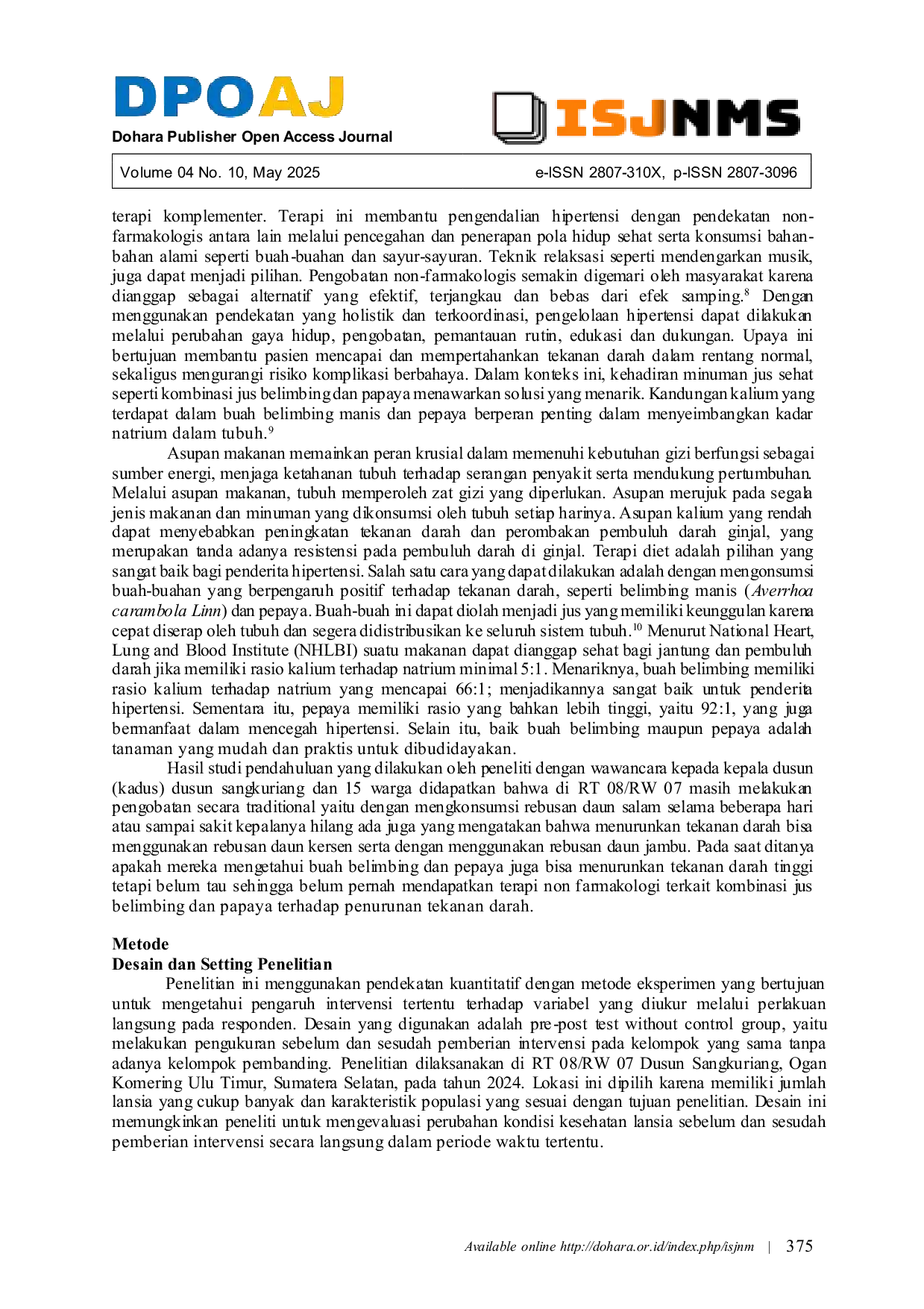 JURIS Efektivitas Kombinasi Jus Belimbing Dan Pepaya Terhadap Penurunan Tekanan Darah Pada Lansia Penderita Hipertensi