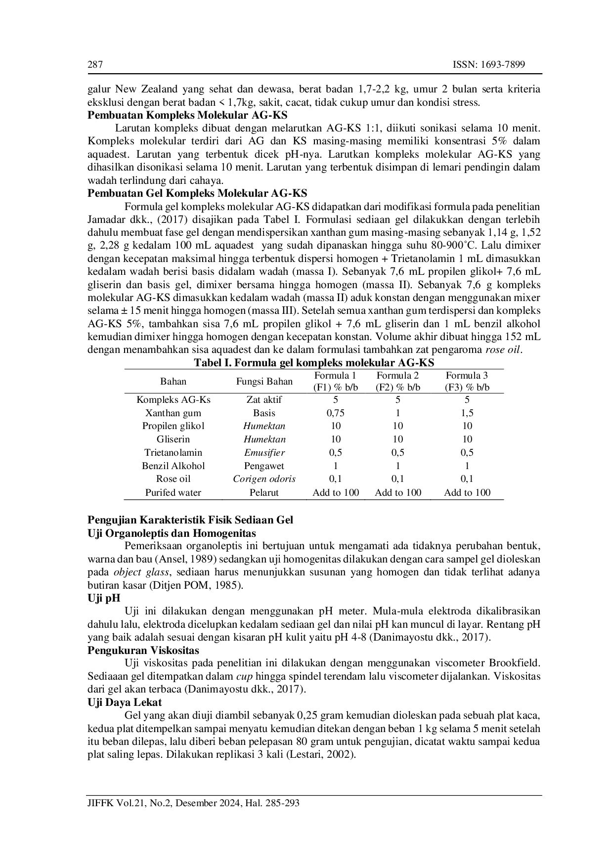 JURIS Molecular Complex Gel Formulation of Glycolic Acid Chitosan Combination with Variations Of Xanthan Gum Base Concentration And Irritation Test