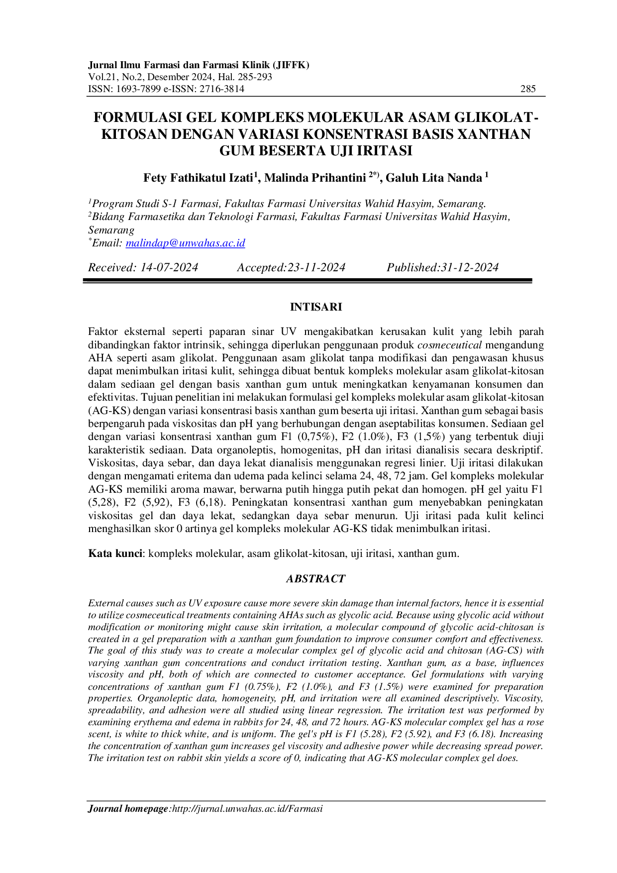 JURIS Molecular Complex Gel Formulation of Glycolic Acid Chitosan Combination with Variations Of Xanthan Gum Base Concentration And Irritation Test