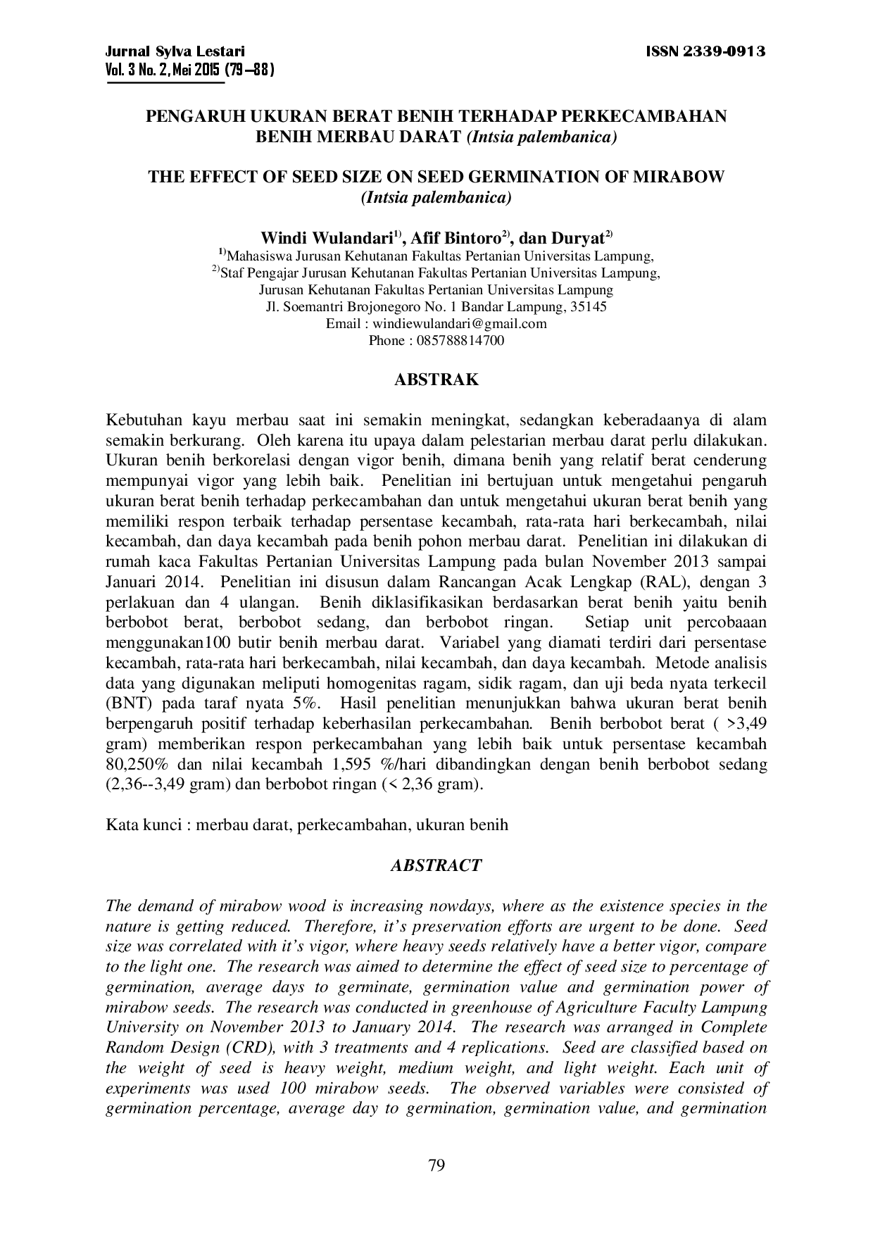 juris Pengaruh Ukuran Berat Benih Terhadap Perkecambahan Benih Merbau Darat Intsia Palembanica