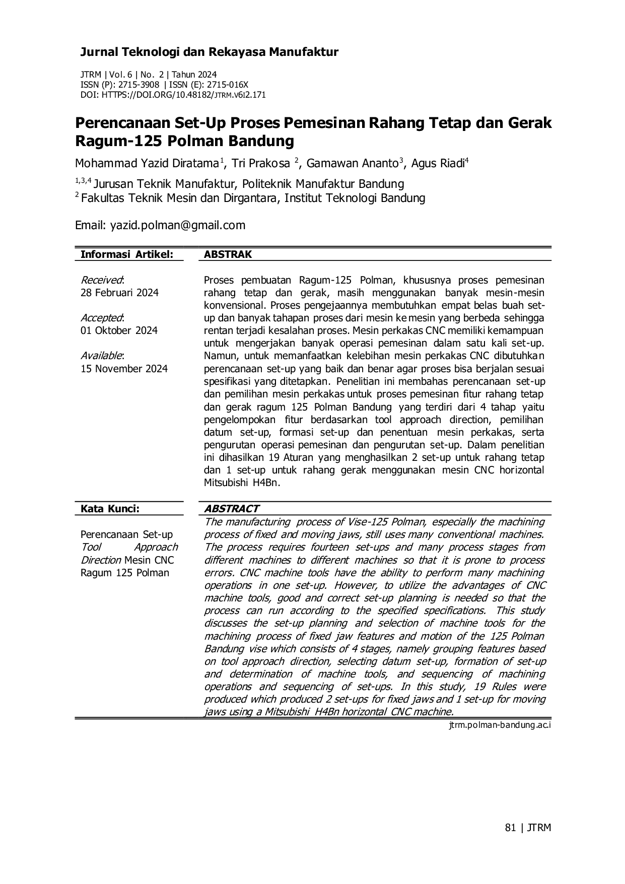 JURIS Machining Processes Set Up Planning of Ragum 125 Politeknik Manufaktur Bandung Fixed Jaw and Movement Jaw