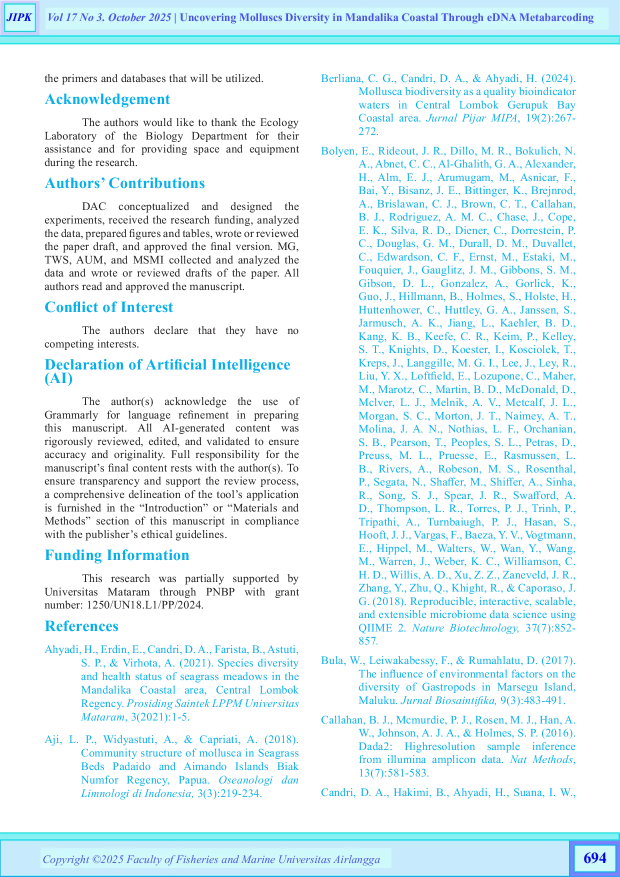 JURIS Uncovering Molluscs Diversity in Mandalika Coastal Through eDNA Metabarcoding