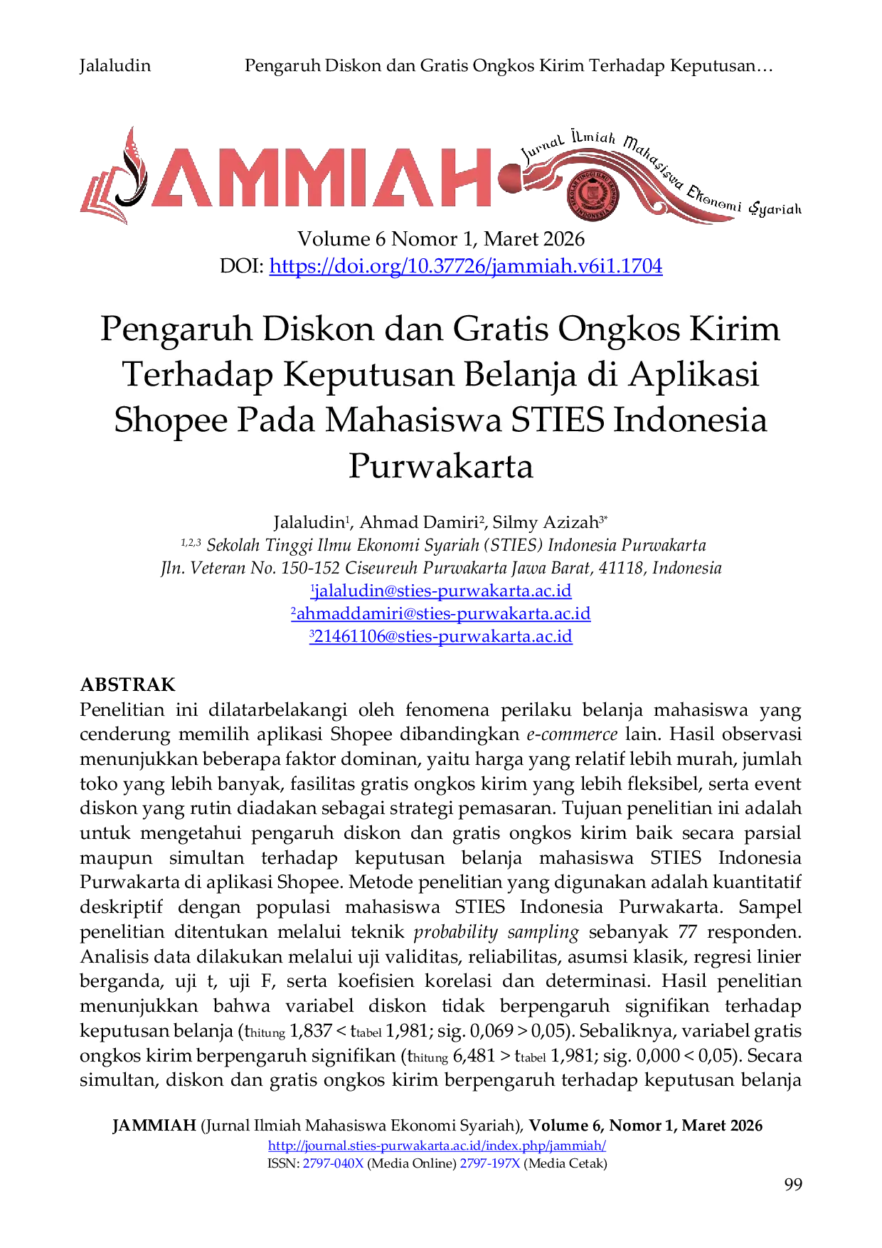 JURIS Pengaruh Diskon dan Gratis Ongkos Kirim Terhadap Keputusan Belanja di Aplikasi Shopee Pada Mahasiswa STIES Indonesia Purwakarta