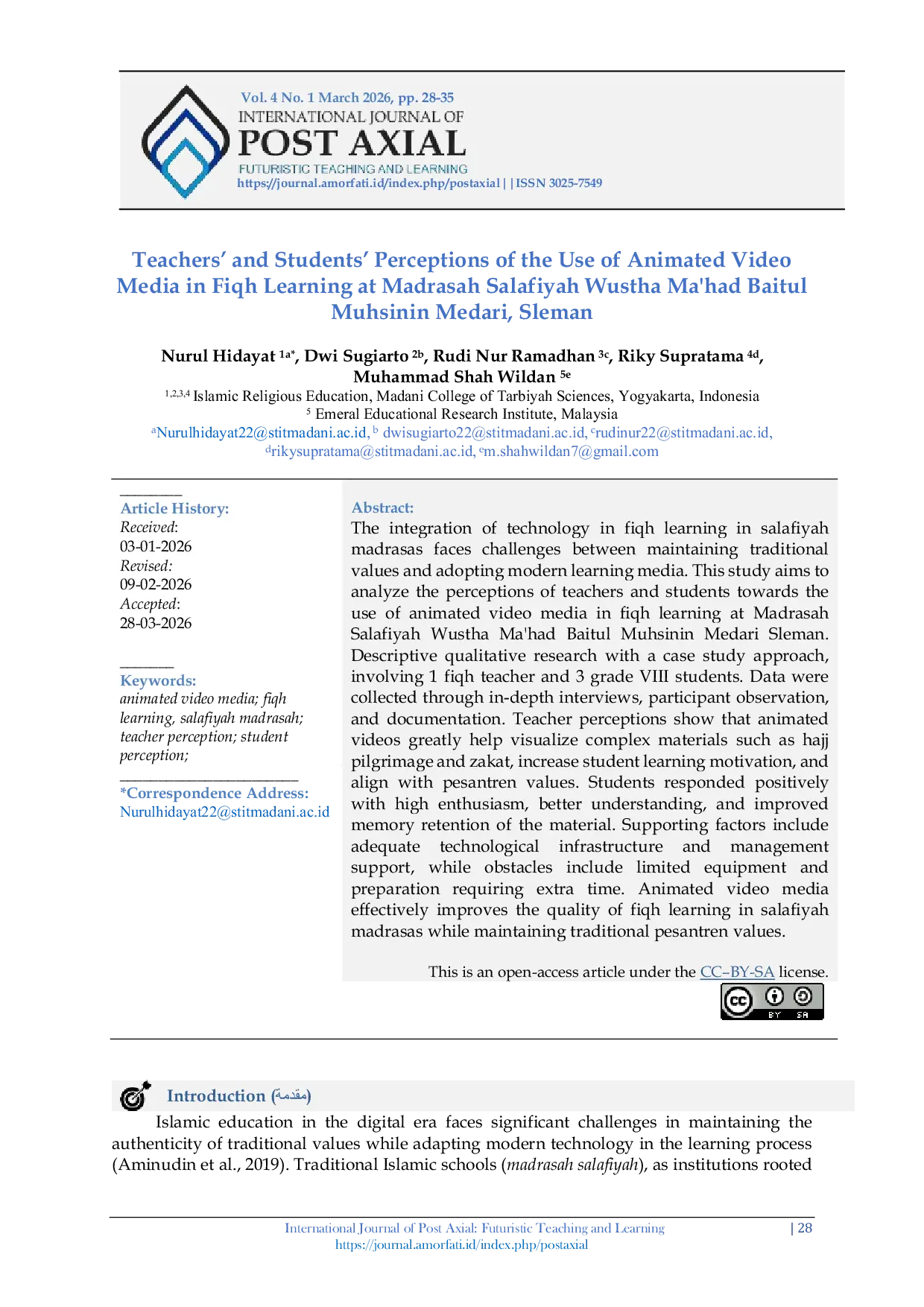 JURIS Teachers and Students Perceptions of the Use of Animated Video Media in Fiqh Learning at Madrasah Salafiyah Wustha Ma had Baitul Muhsinin Medari Sleman