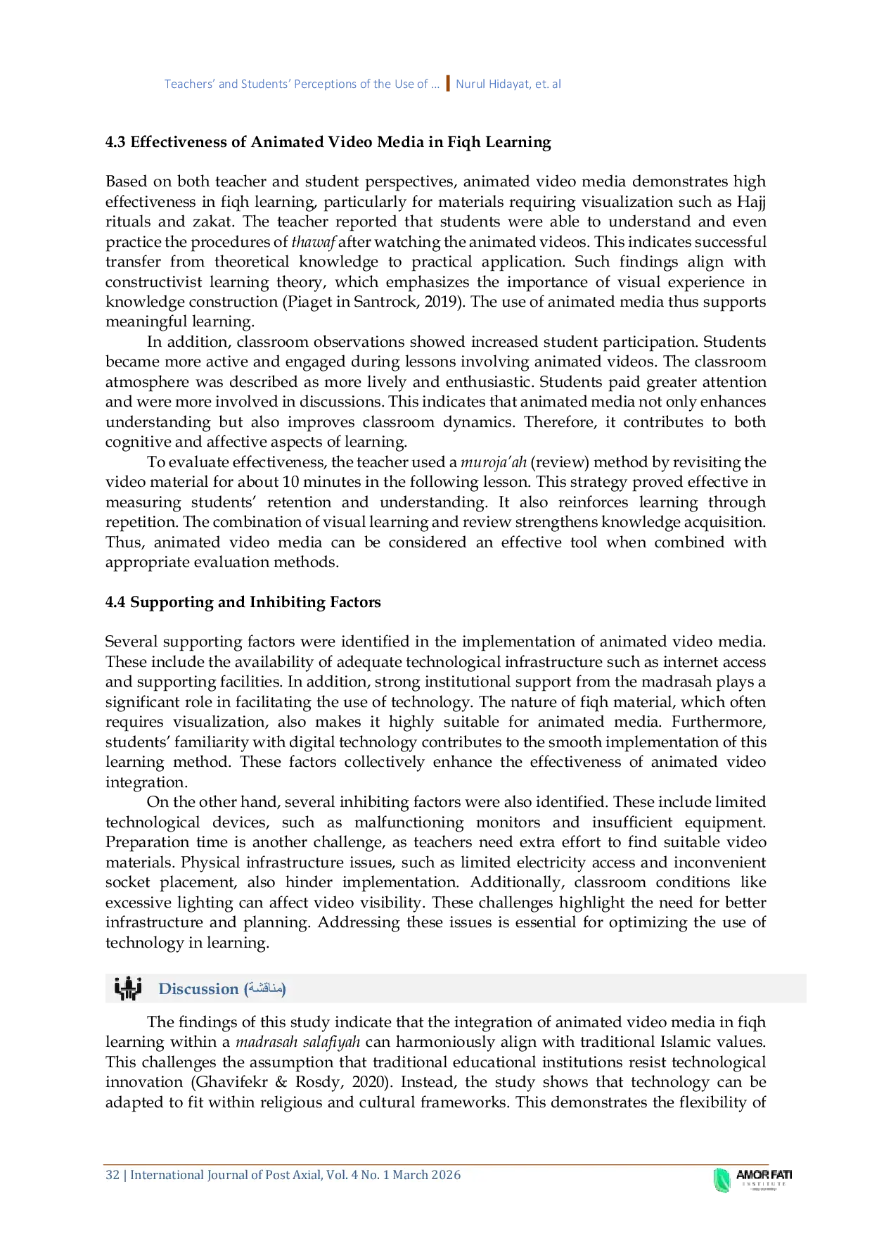 JURIS Teachers and Students Perceptions of the Use of Animated Video Media in Fiqh Learning at Madrasah Salafiyah Wustha Ma had Baitul Muhsinin Medari Sleman