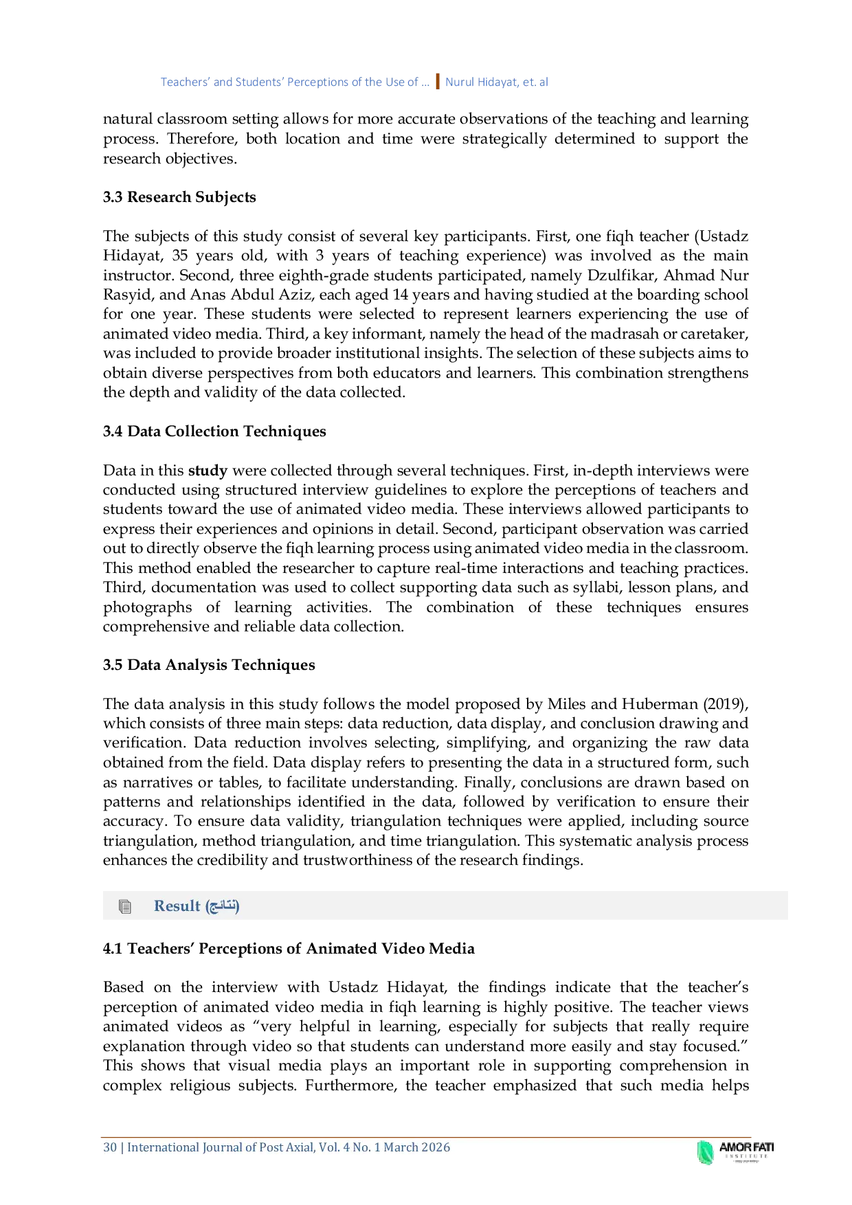 JURIS Teachers and Students Perceptions of the Use of Animated Video Media in Fiqh Learning at Madrasah Salafiyah Wustha Ma had Baitul Muhsinin Medari Sleman