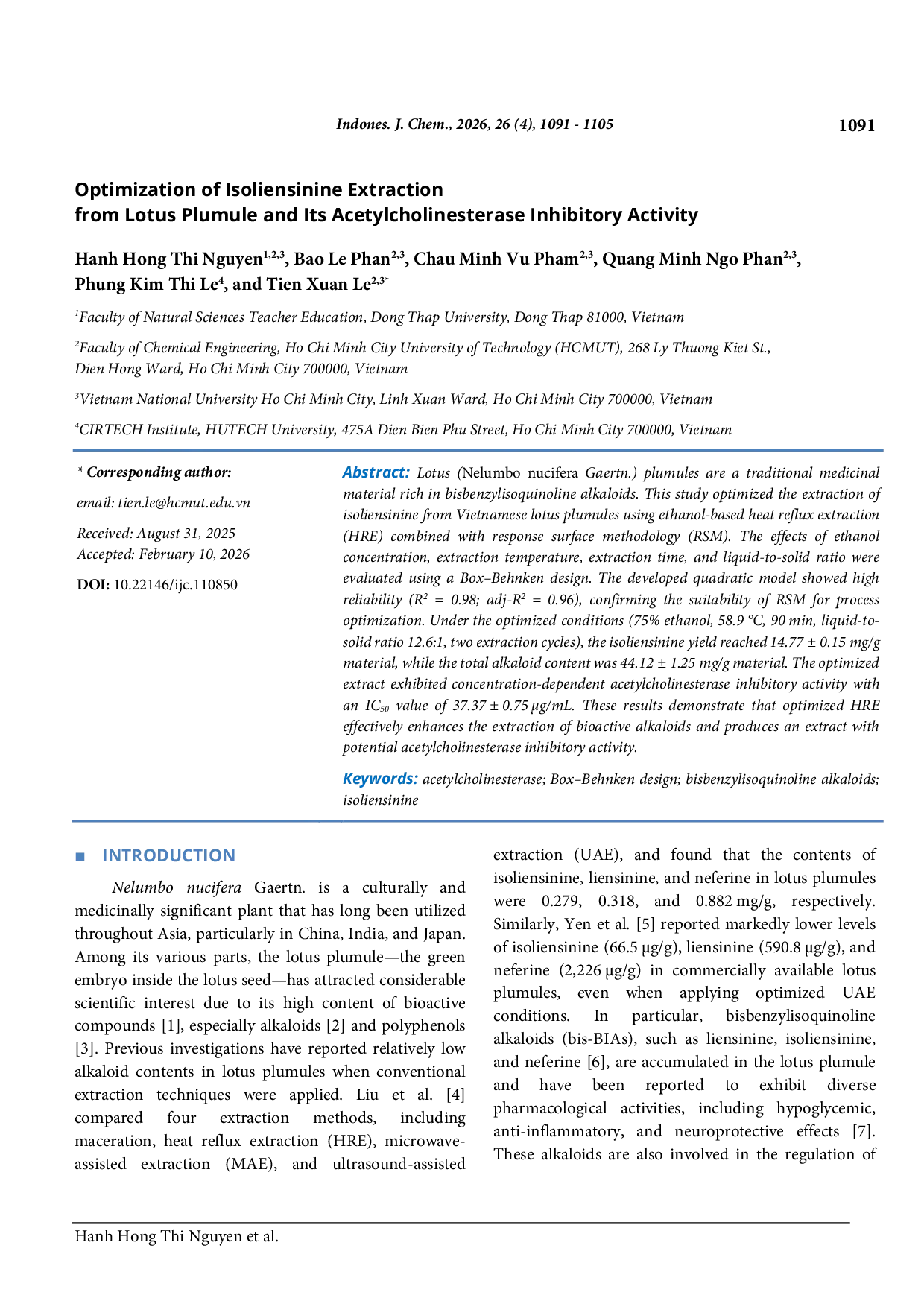 JURIS Optimization of Isoliensinine Extraction from Lotus Plumule and Its Acetylcholinesterase Inhibitory Activity