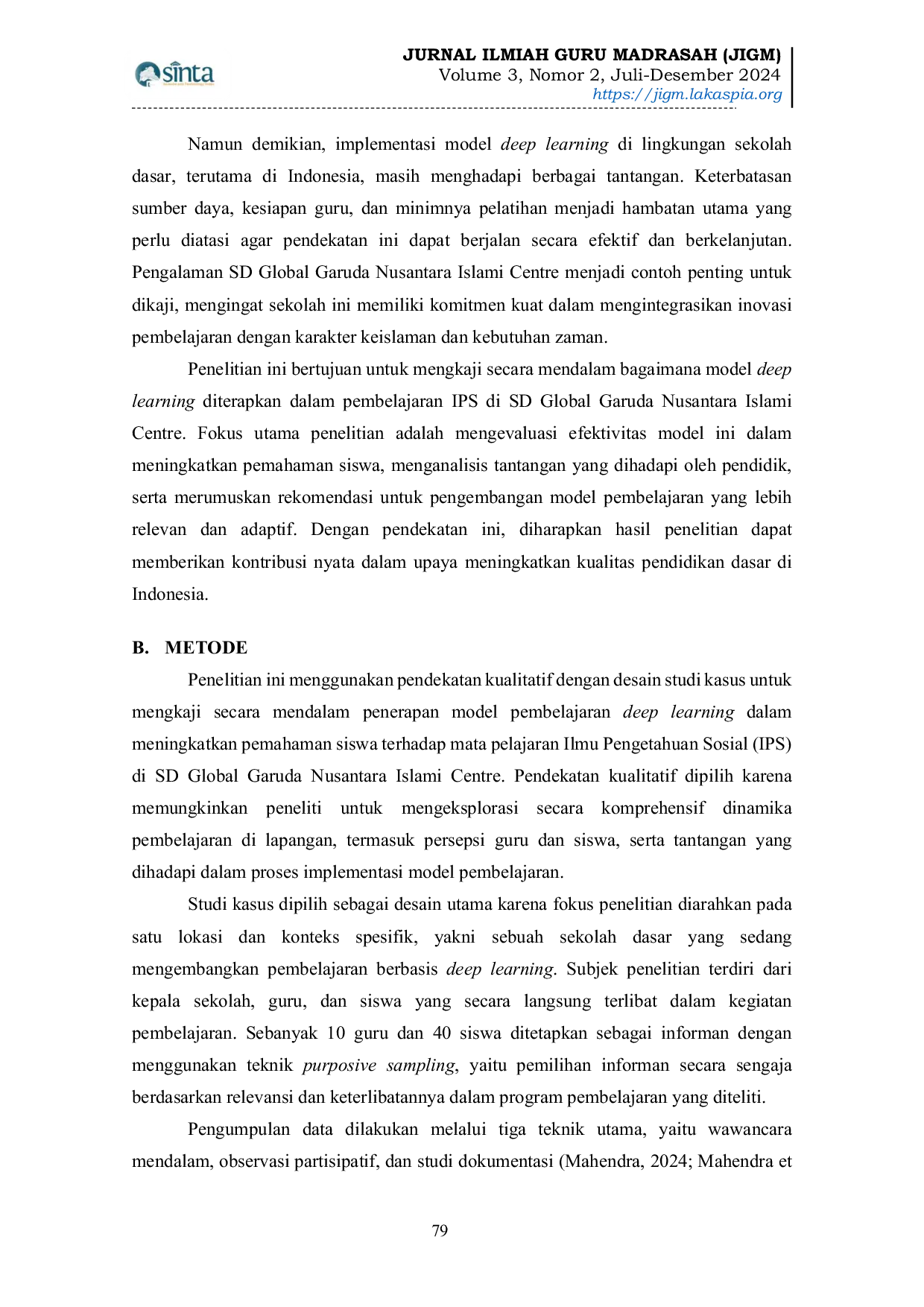 JURIS Model Pembelajaran Deep Learning untuk Meningkatkan Pemahaman IPS di Sekolah Dasar Studi Kasus di SD Global Garuda Nusantara