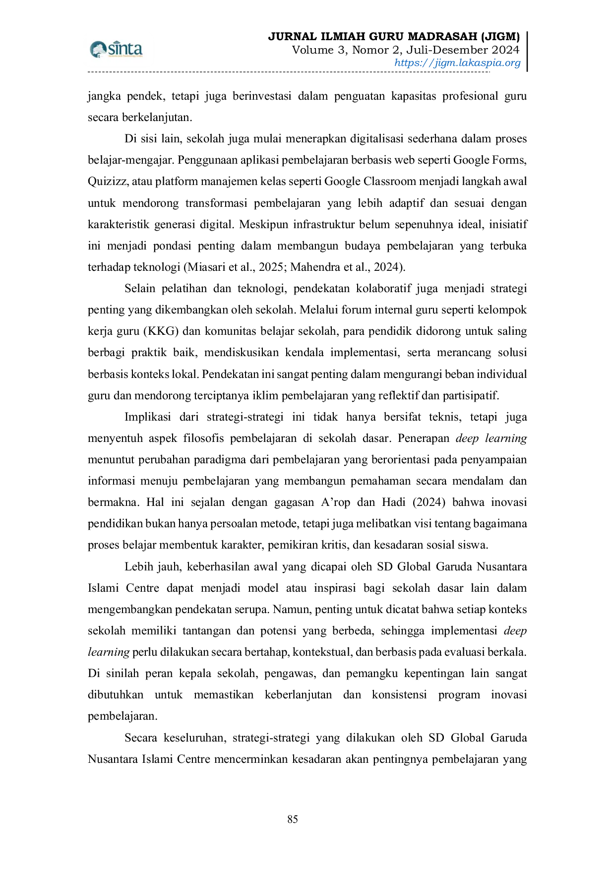 JURIS Model Pembelajaran Deep Learning untuk Meningkatkan Pemahaman IPS di Sekolah Dasar Studi Kasus di SD Global Garuda Nusantara