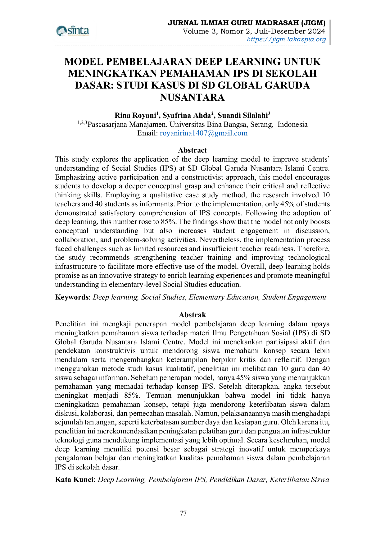 JURIS Model Pembelajaran Deep Learning untuk Meningkatkan Pemahaman IPS di Sekolah Dasar Studi Kasus di SD Global Garuda Nusantara