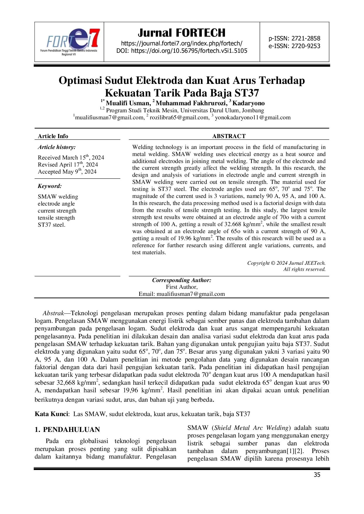 JURIS Optimasi Sudut Elektroda dan Kuat Arus Terhadap Kekuatan Tarik Pada Baja ST37