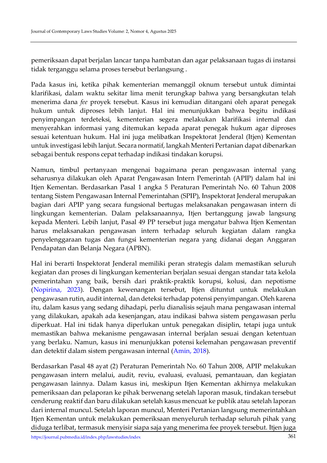 JURIS Konstruksi Hukum Pengawasan Internal terhadap Tindakan Koruptif Aparatur Sipil Negara APIP Studi Kasus Fee Proyek di Kementerian Pertanian