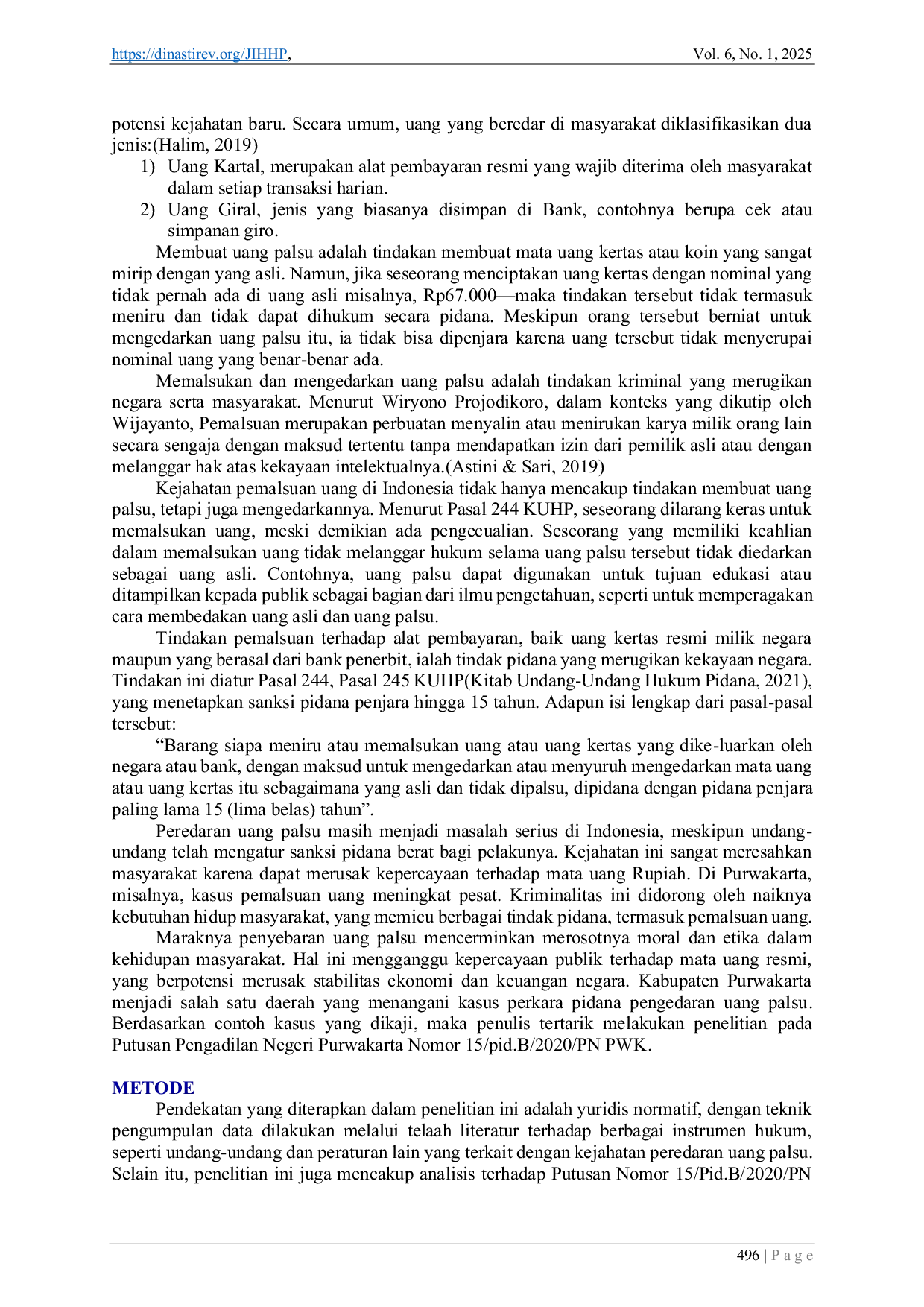 JURIS Tinjauan Yuridis Terhadap Tindak Pidana Pengedaran Uang Palsu Study Putusan No 15 pid B 2020 PN PWK