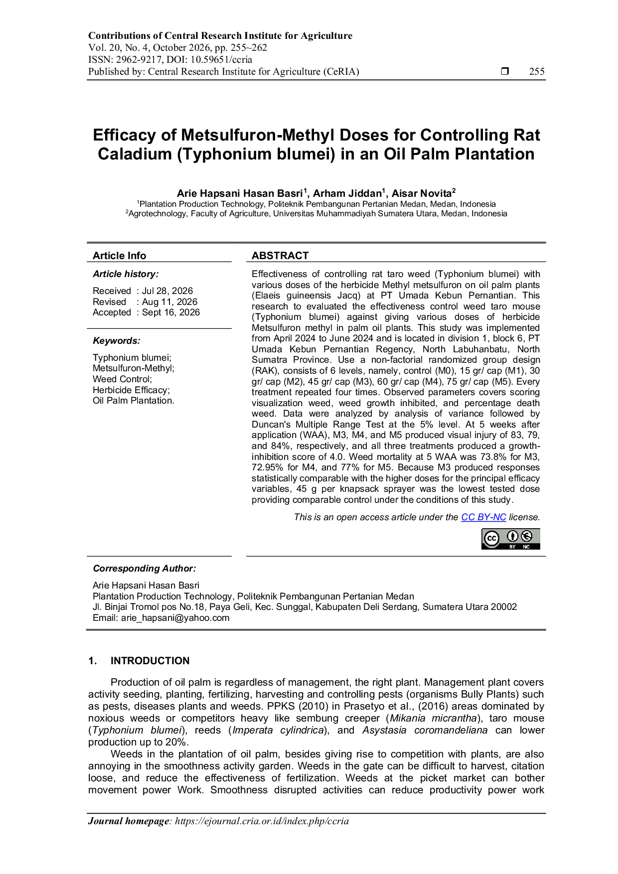 JURIS Efficacy of Metsulfuron Methyl Doses for Controlling Rat Caladium Typhonium Blumei in an Oil Palm Plantation