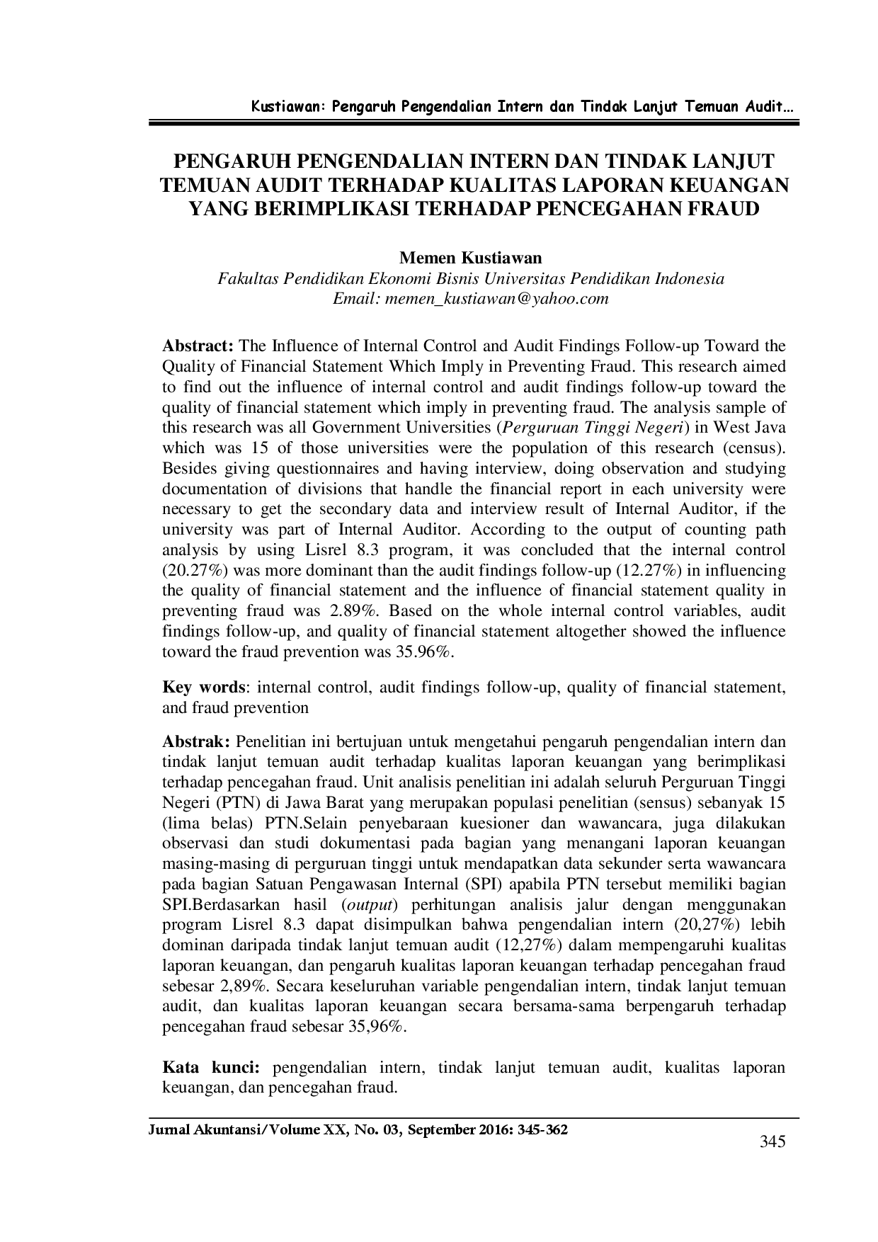juris Pengaruh Pengendalian Intern Dan Tindak Lanjut Temuan Audit Terhadap Kualitas Laporan Keuangan Yang Berimplikasi Terhadap Pencegahan Fraud