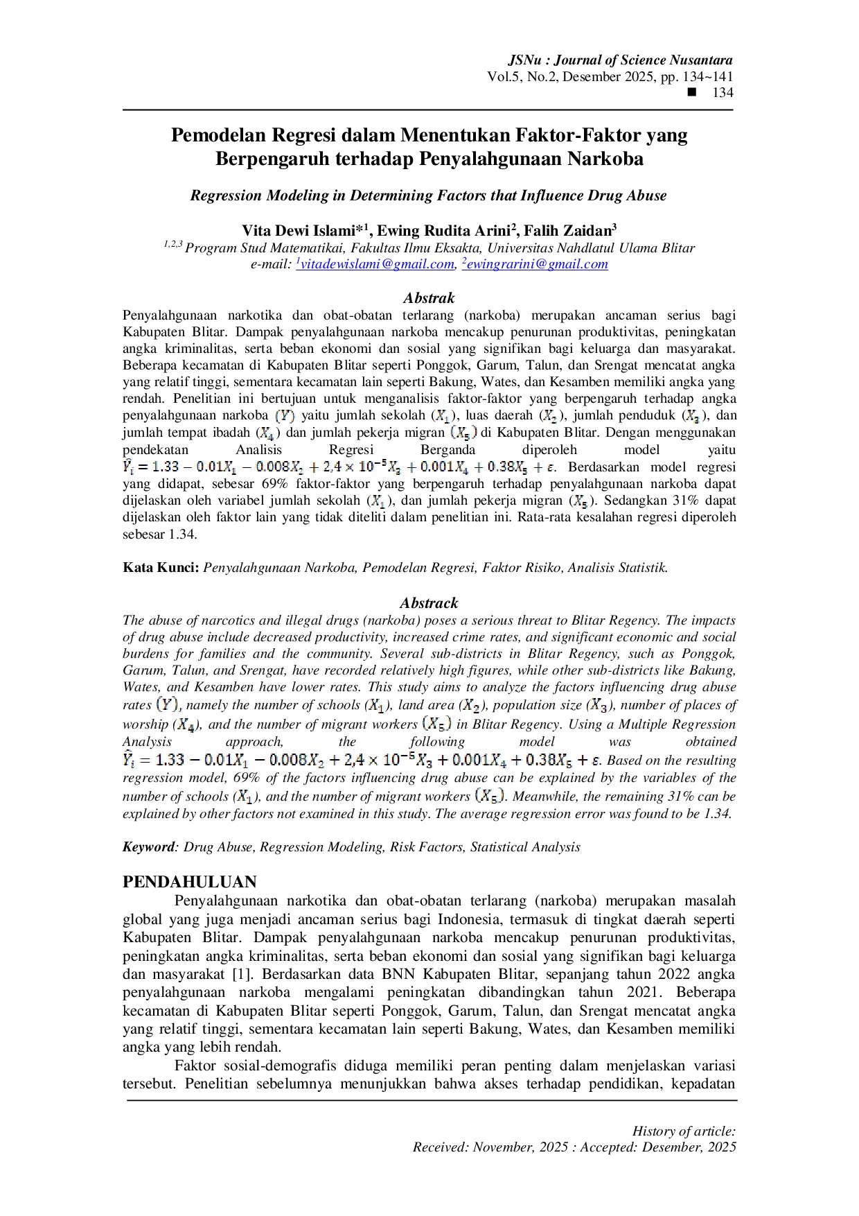 JURIS Pemodelan Regresi dalam Menentukan Faktor Faktor yang Berpengaruh terhadap Penyalahgunaan Narkoba