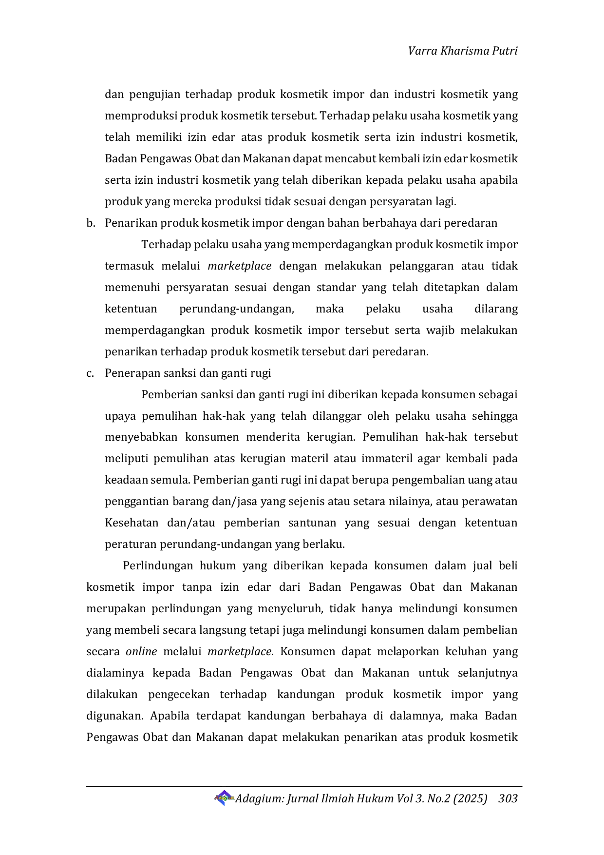 JURIS Legal Protection For Consumers In Imported Cosmetic Transactions Without A Distribution Permit Through The Marketplace