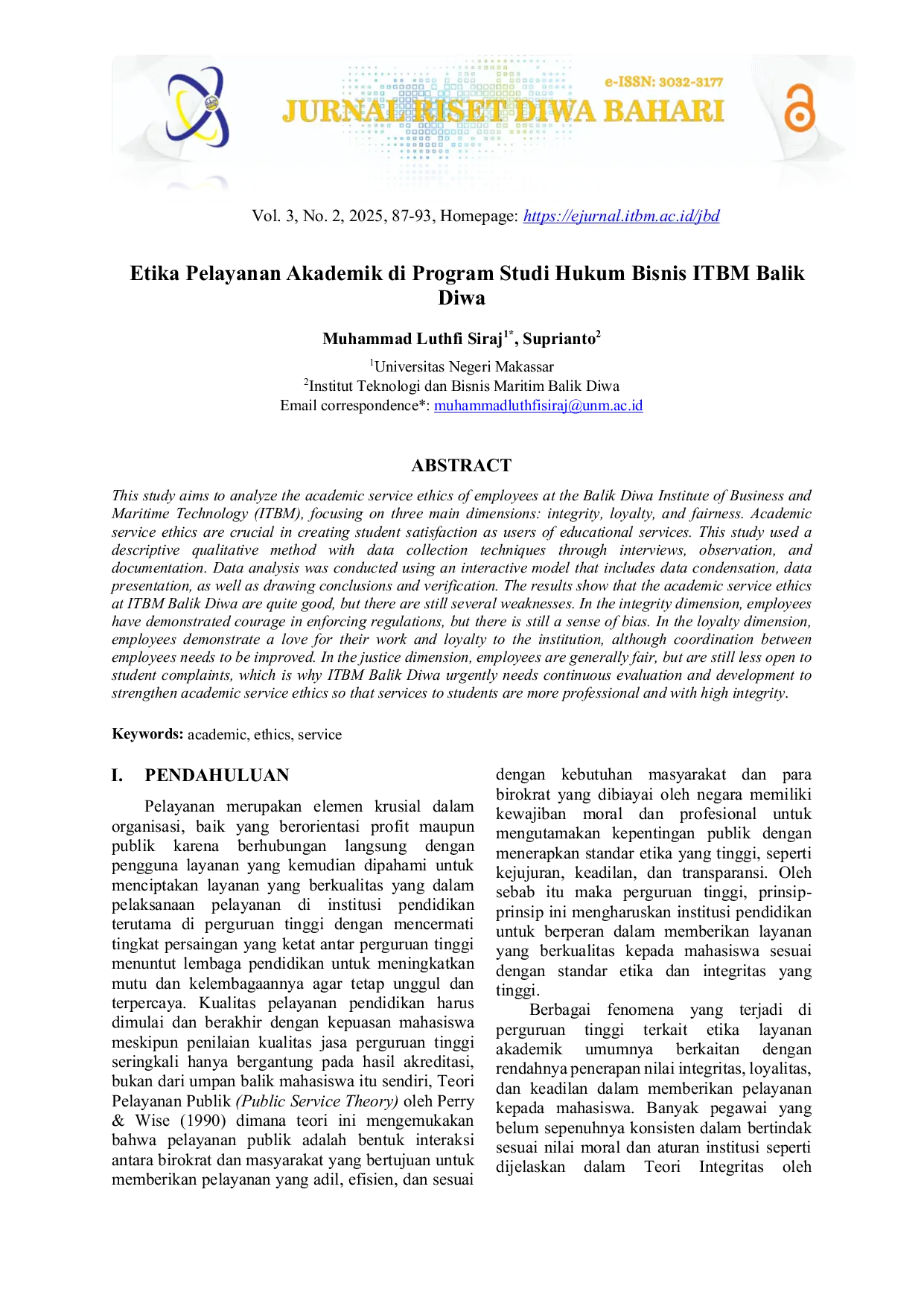 JURIS Etika Pelayanan Akademik di Program Studi Hukum Bisnis ITBM Balik Diwa