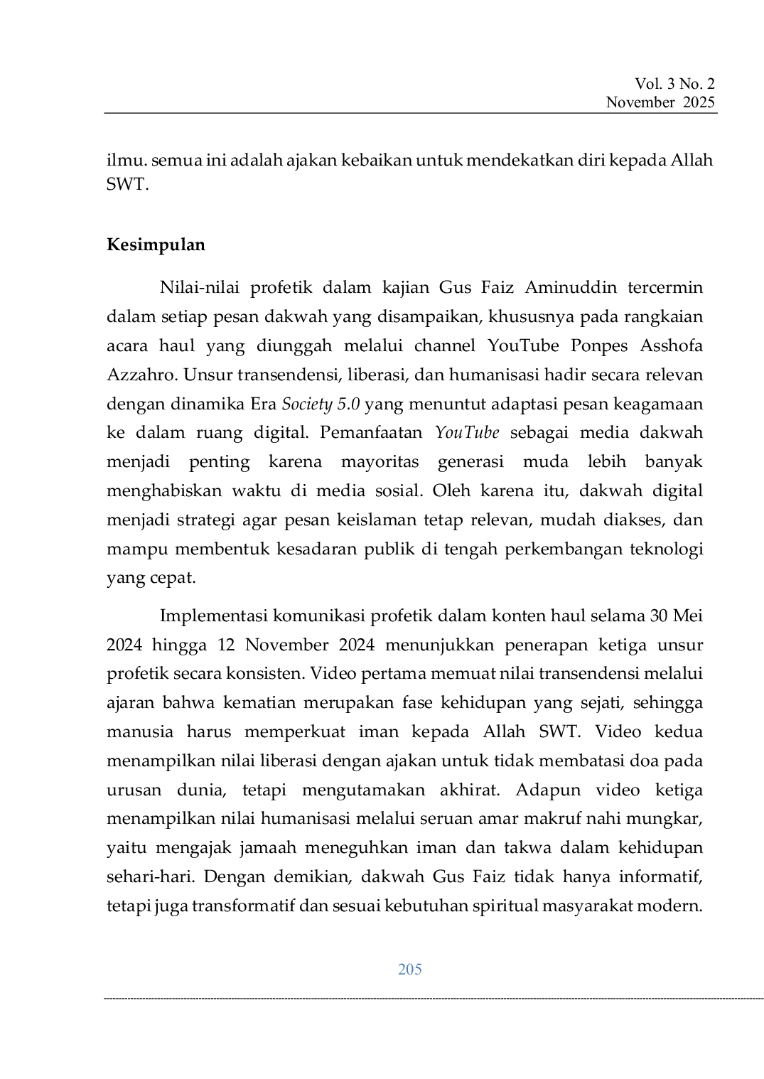 JURIS Komunikasi Profetik dalam Dakwah Gus Faiz Aminuddin di YouTube Ponpes Shofa Azzahro