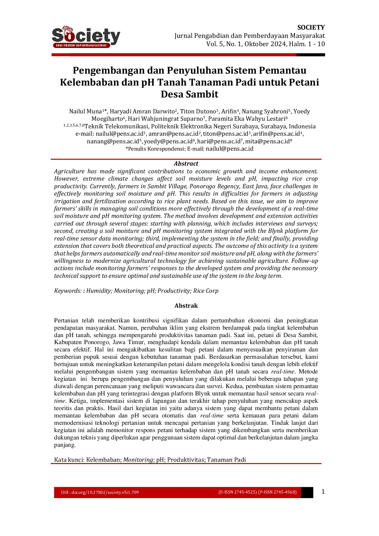 JURIS Pengembangan dan Penyuluhan Sistem Pemantau Kelembaban dan pH Tanah Tanaman Padi untuk Petani Desa Sambit