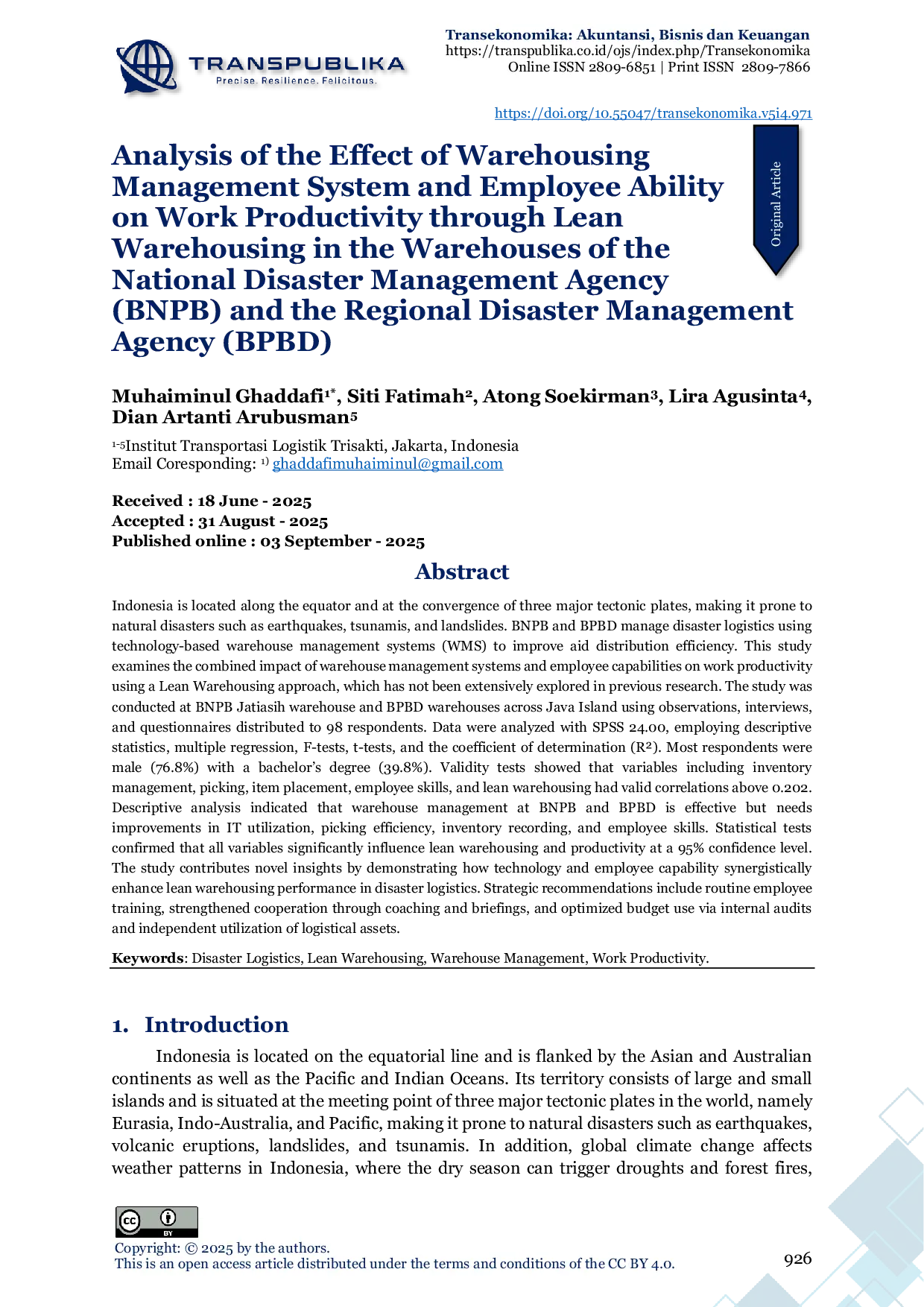 JURIS Analysis of the Effect of Warehousing Management System and Employee Ability on Work Productivity through Lean Warehousing in the Warehouses of the National Disaster Management Agency BNPB and the R