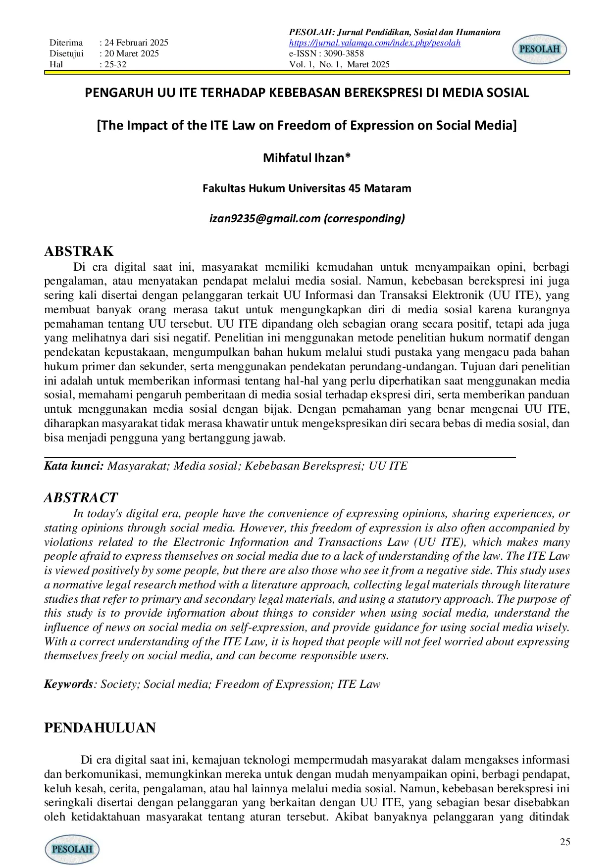 JURIS PENGARUH UU ITE TERHADAP KEBEBASAN BEREKSPRESI DI MEDIA SOSIAL The Impact of the ITE Law on Freedom of Expression on Social Media