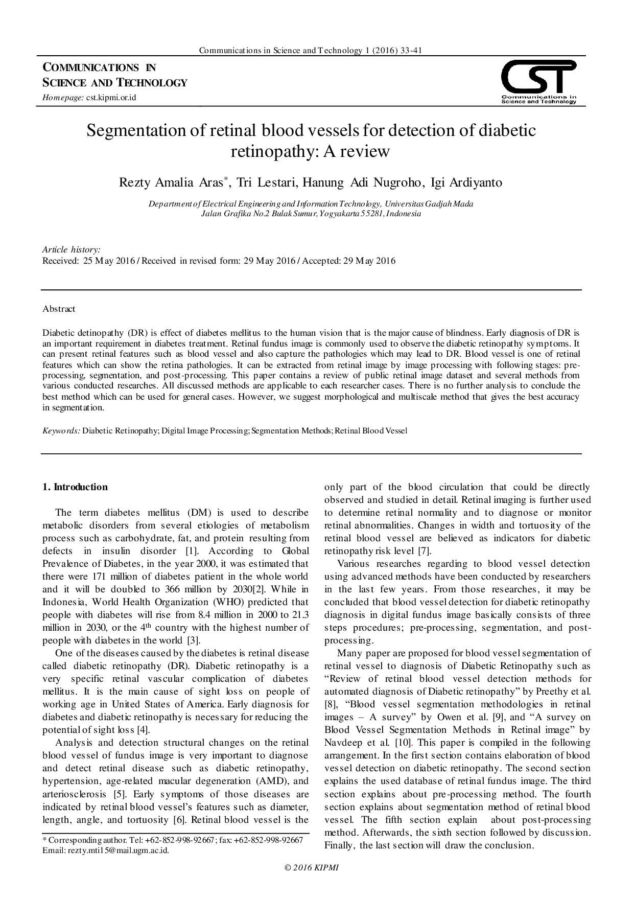 JURIS Segmentation of retinal blood vessels for detection of diabetic retinopathy A review