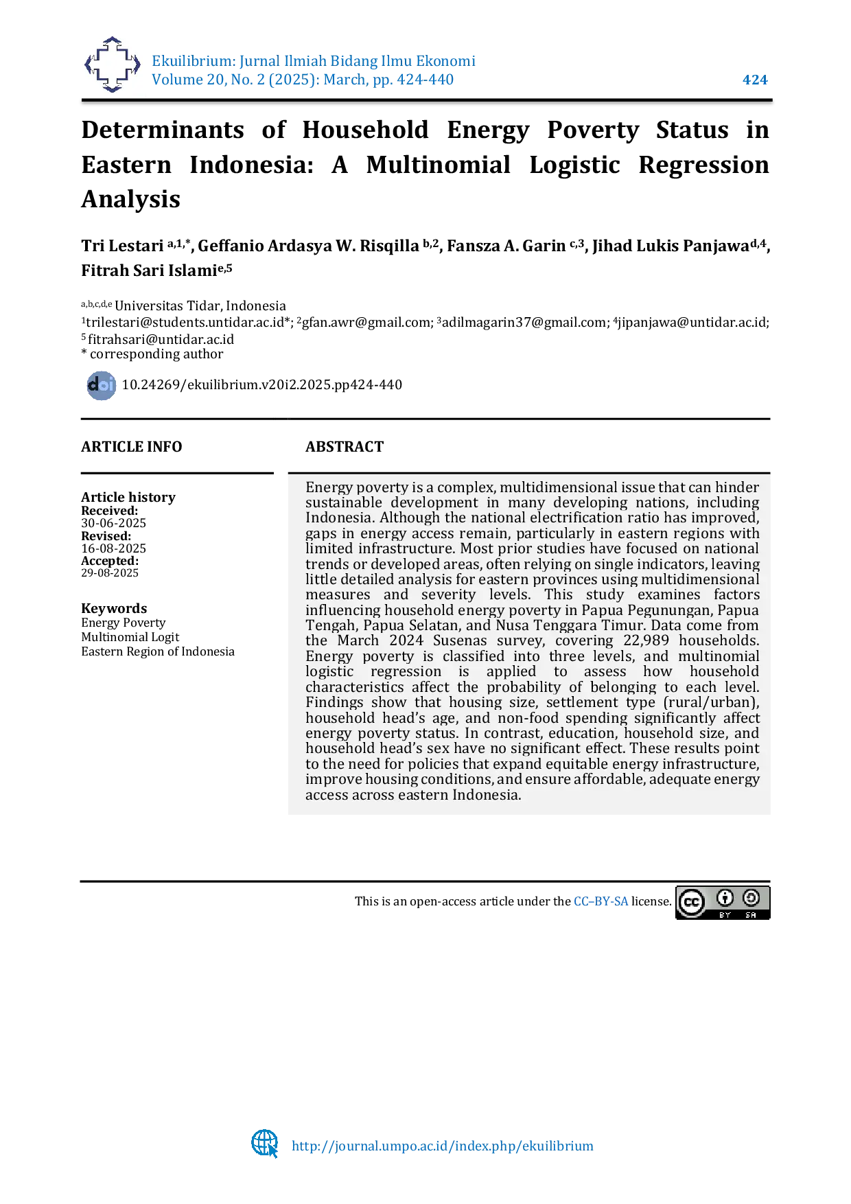 JURIS Determinants of Household Energy Poverty Status in Eastern Indonesia A Multinomial Logistic Regression Analysis