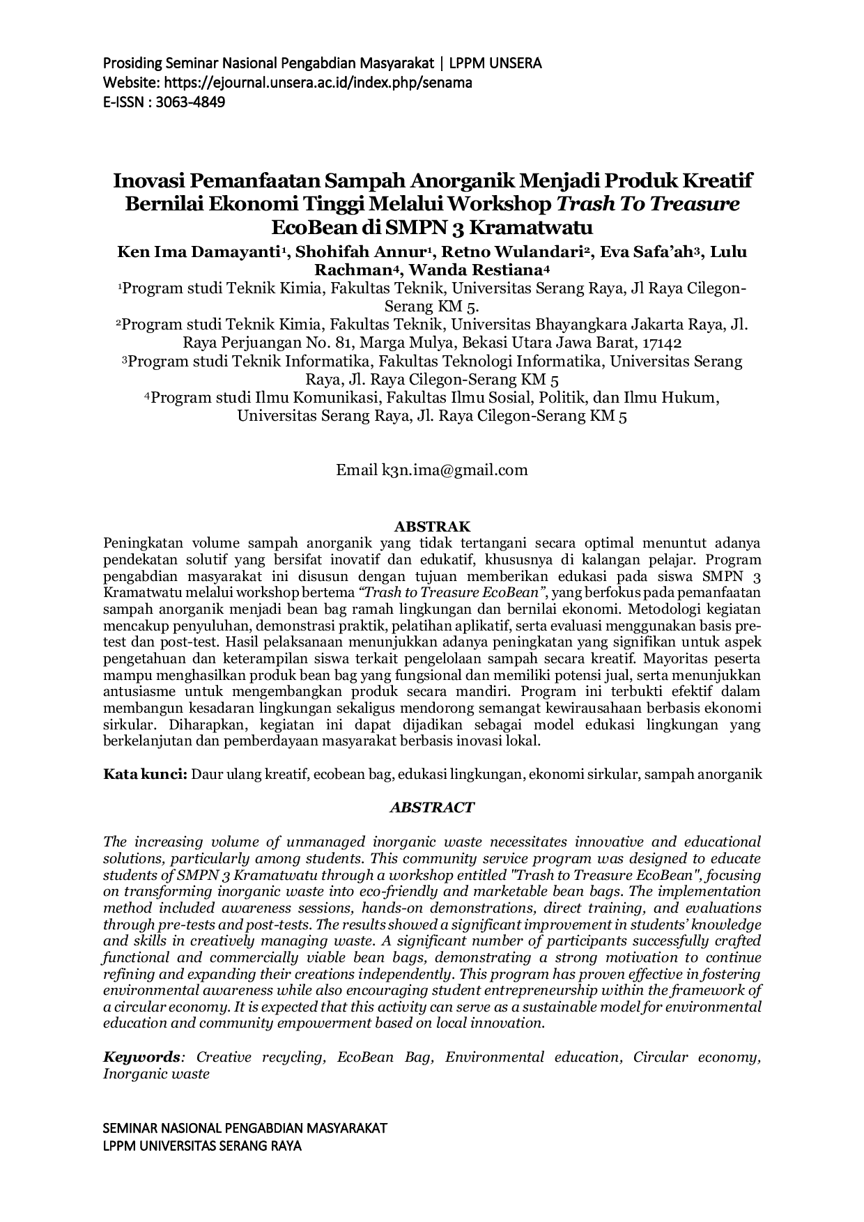 JURIS Inovasi Pemanfaatan Sampah Anorganik Menjadi Produk Kreatif Bernilai Ekonomi Tinggi Melalui Workshop Trash To Treasure EcoBean di SMPN 3 Kramatwatu