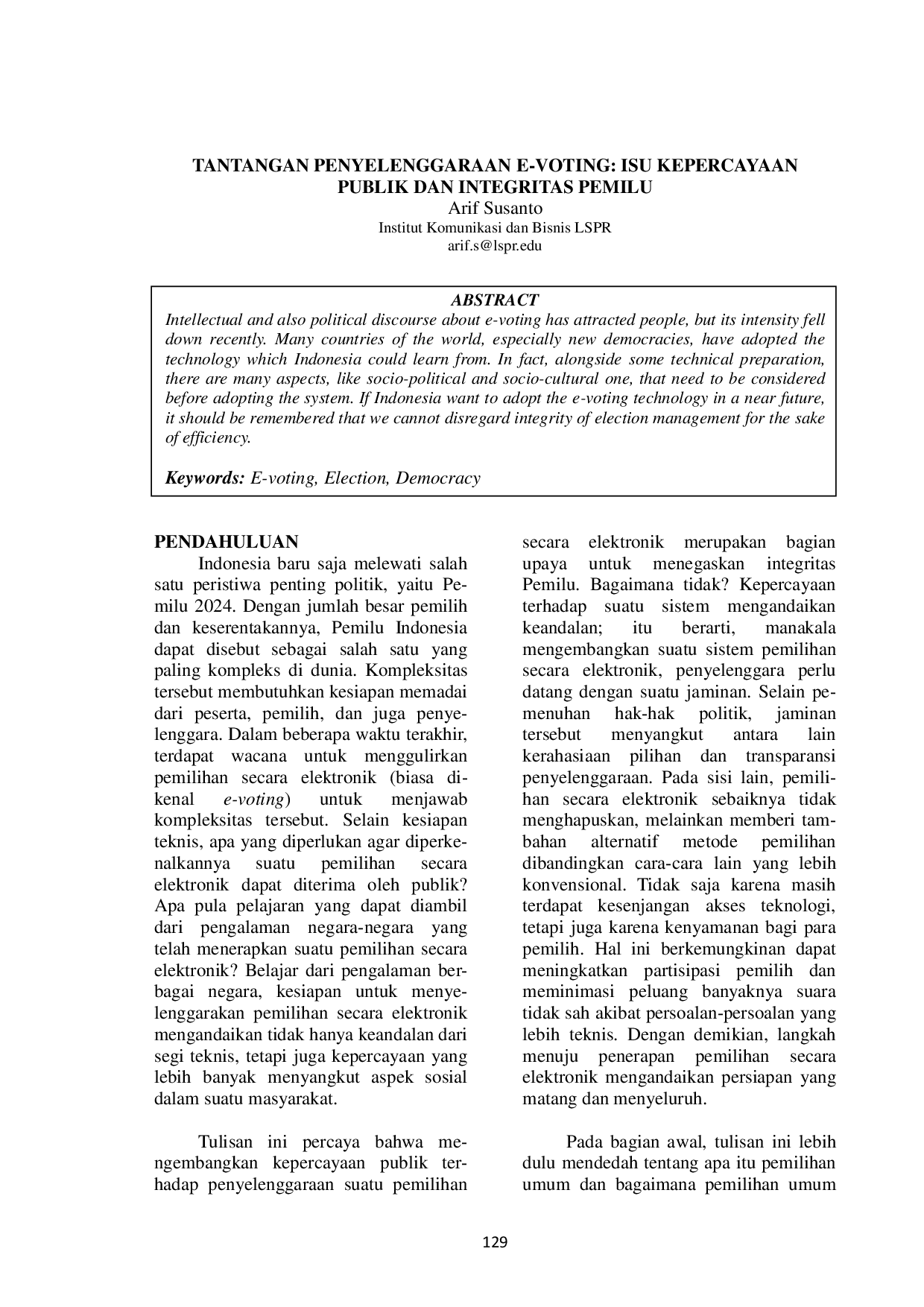 JURIS Tantangan Penyelenggaraan E Voting Isu Kepercayaan Publik Dan Integritas Pemilu