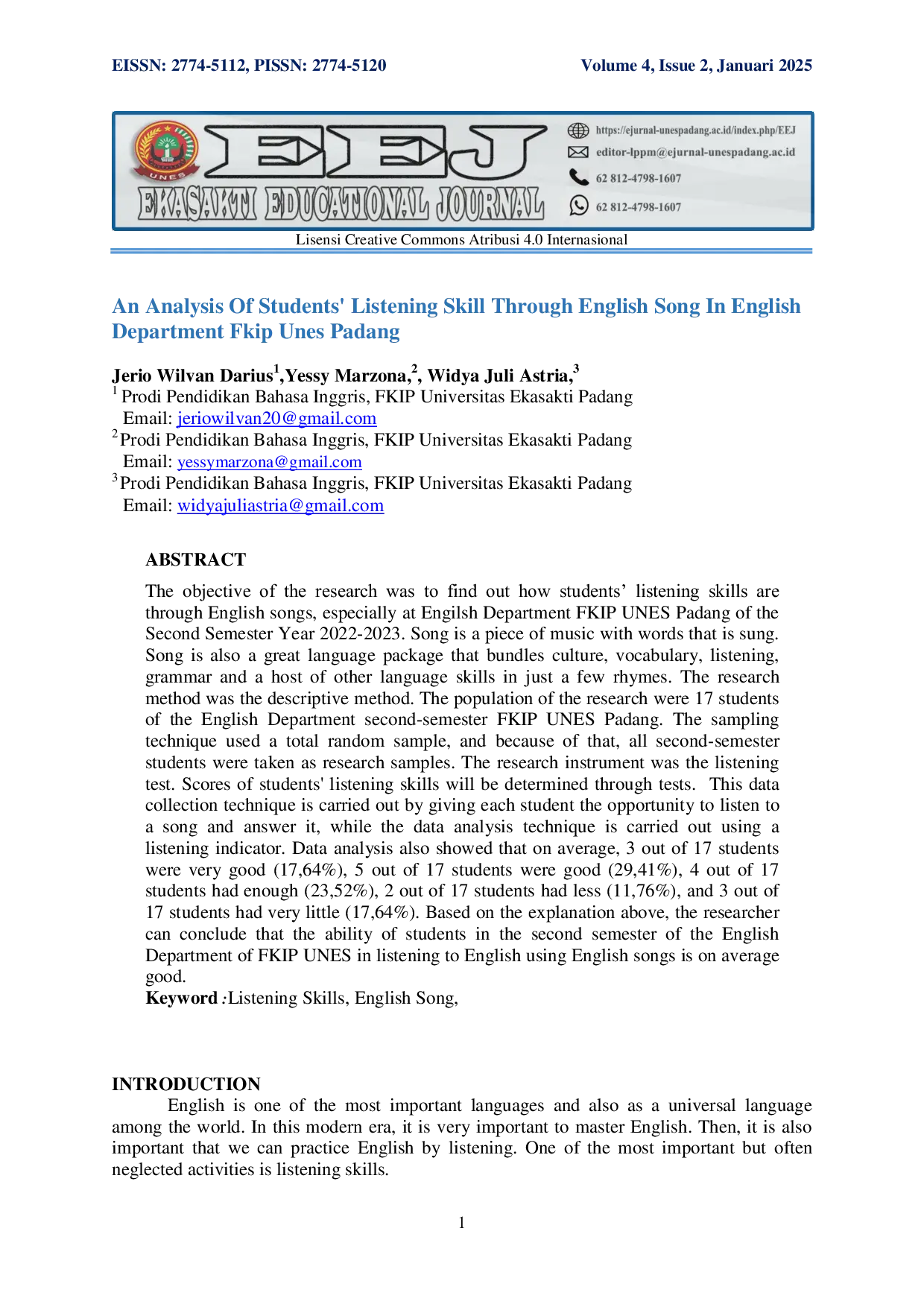 JURIS An Analysis Of Students Listening Skill Through English Song In English Department Fkip Unes Padang