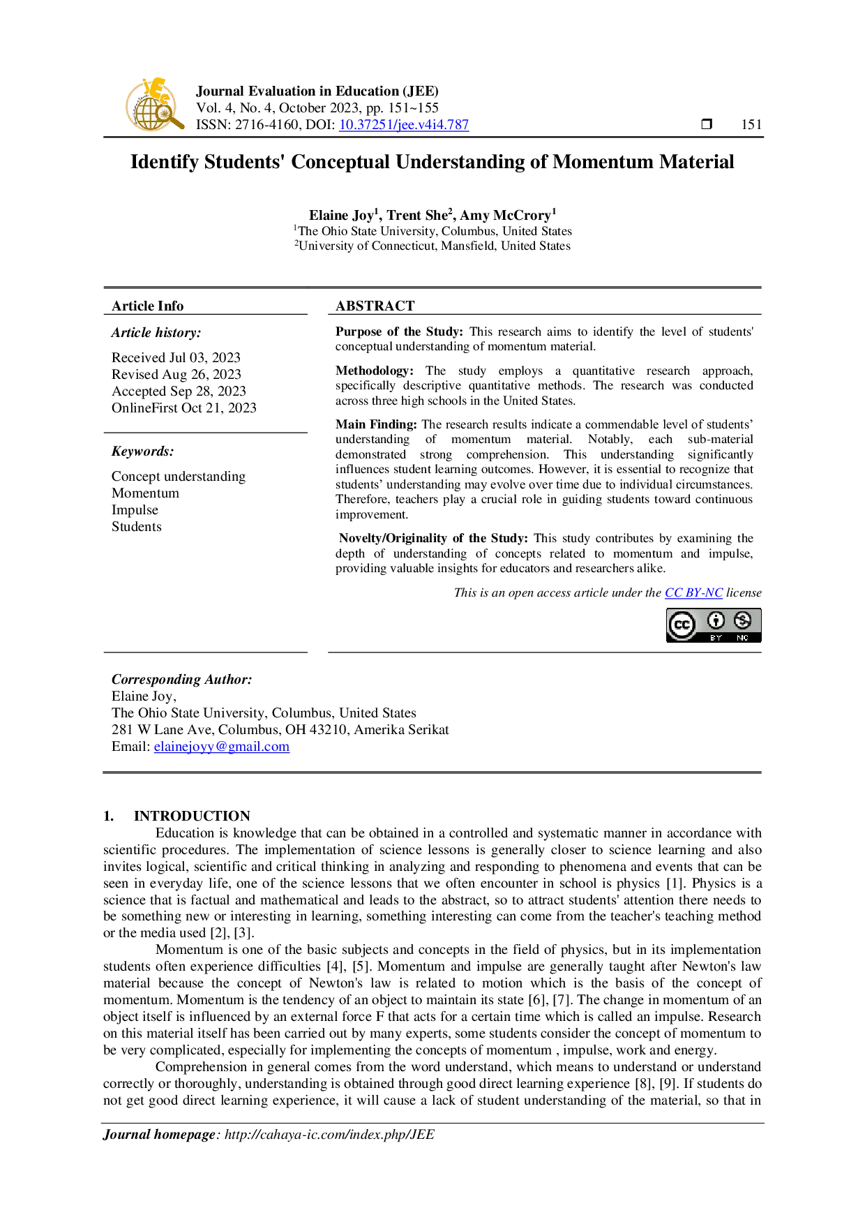 JURIS Identify Students Conceptual Understanding of Momentum Material