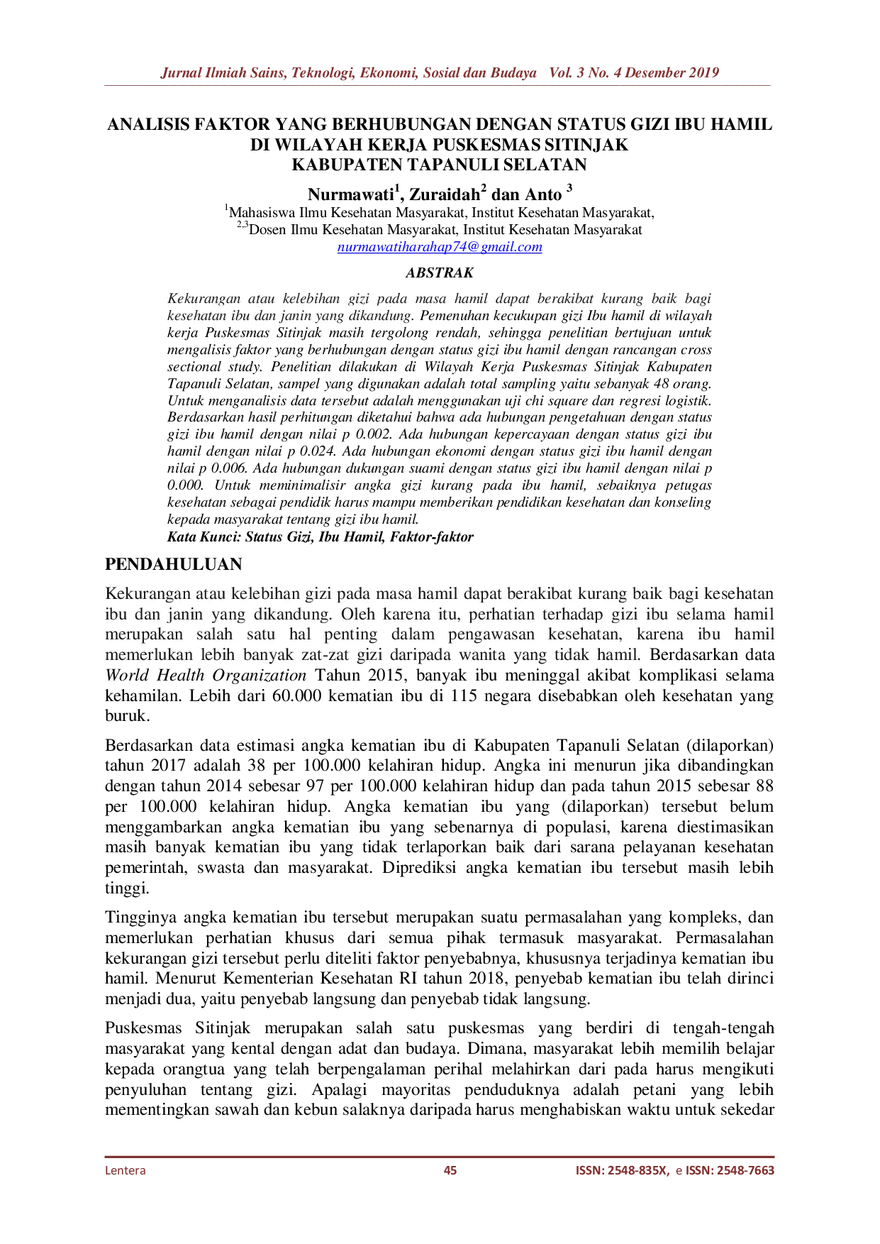 JURIS Analisis Faktor Yang Berhubungan Dengan Status Gizi Ibu Hamil Di Wilayah Kerja Puskesmas Sitinjak Kabupaten Tapanuli Selatan