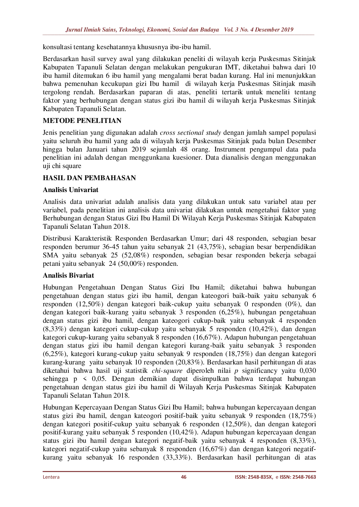 JURIS Analisis Faktor Yang Berhubungan Dengan Status Gizi Ibu Hamil Di Wilayah Kerja Puskesmas Sitinjak Kabupaten Tapanuli Selatan