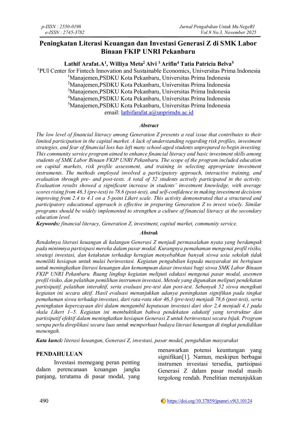JURIS Peningkatan Literasi Keuangandan Investasi Generasi Z di SMK Labor Binaan FKIP UNRI Pekanbar
