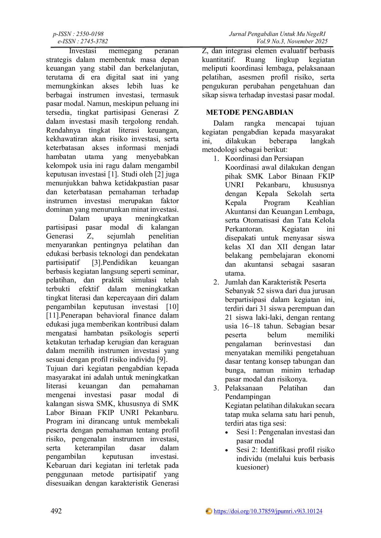 JURIS Peningkatan Literasi Keuangandan Investasi Generasi Z di SMK Labor Binaan FKIP UNRI Pekanbar