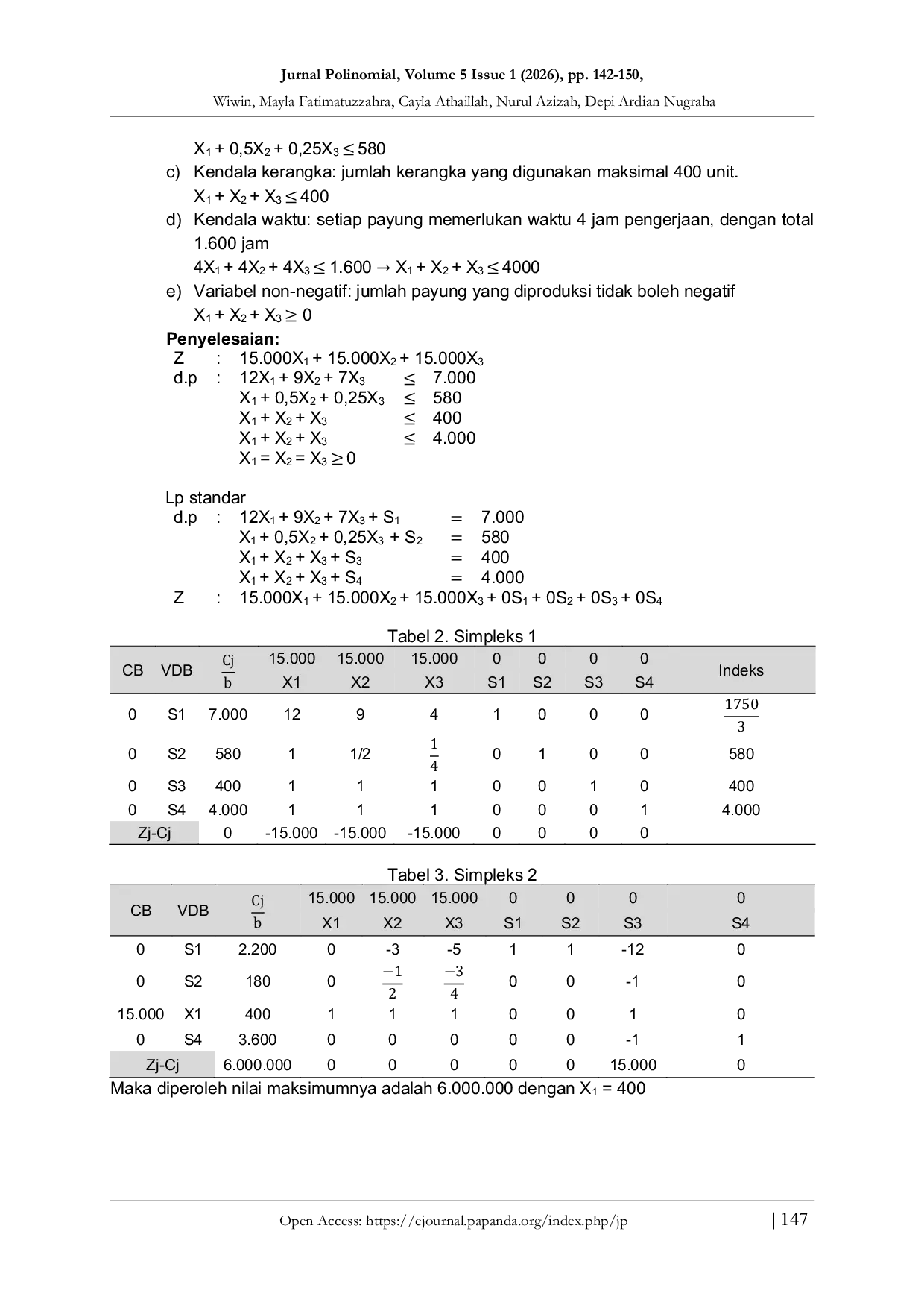 JURIS Optimasi Produksi Payung Geulis Menggunakan Model Program Linier pada Pengrajin Payung Geulis di Kota Tasikmalaya