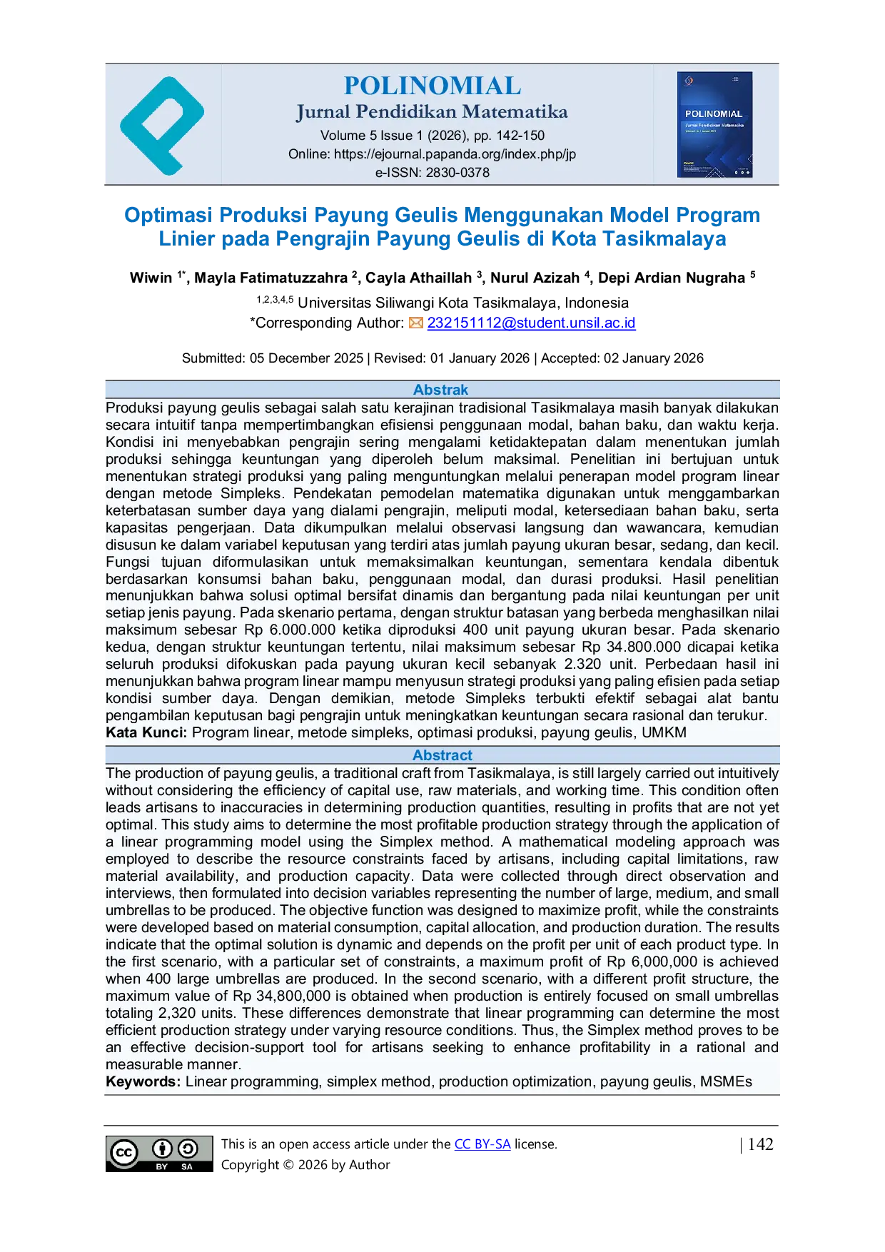 JURIS Optimasi Produksi Payung Geulis Menggunakan Model Program Linier pada Pengrajin Payung Geulis di Kota Tasikmalaya