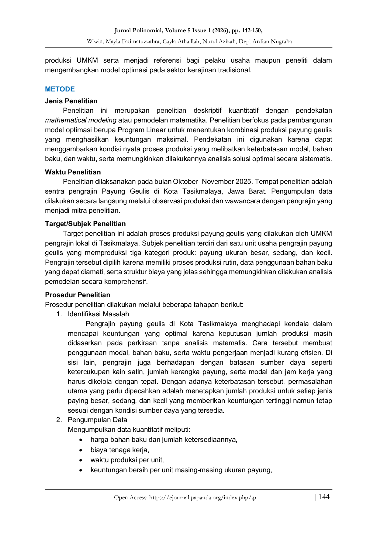 JURIS Optimasi Produksi Payung Geulis Menggunakan Model Program Linier pada Pengrajin Payung Geulis di Kota Tasikmalaya