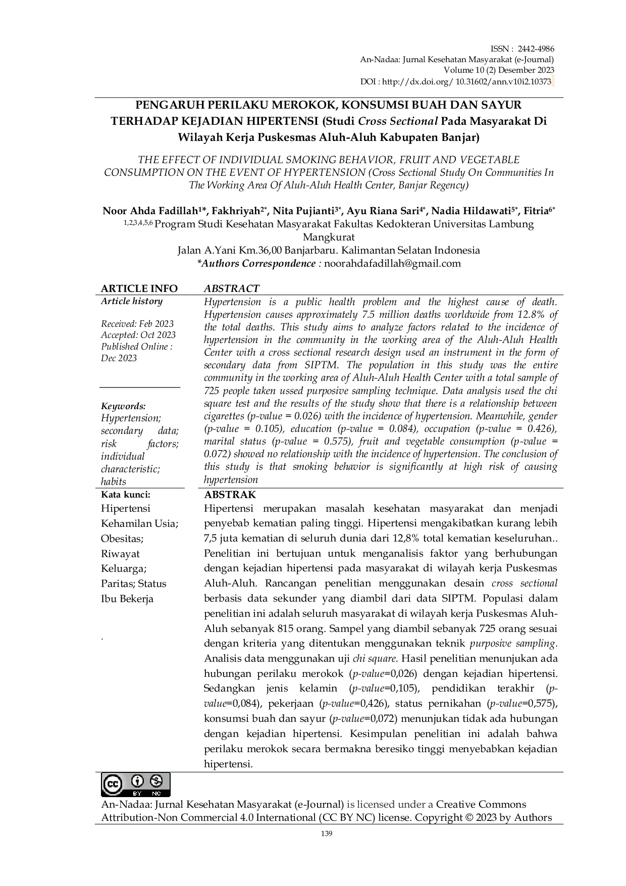 JURIS Pengaruh Perilaku Merokok Konsumsi Buah Dan Sayur Terhadap Kejadian Hipertensi Studi Cross Sectional pada Masyarakat di Wilayah Kerja Puskesmas Aluh Aluh Kabupaten Banjar