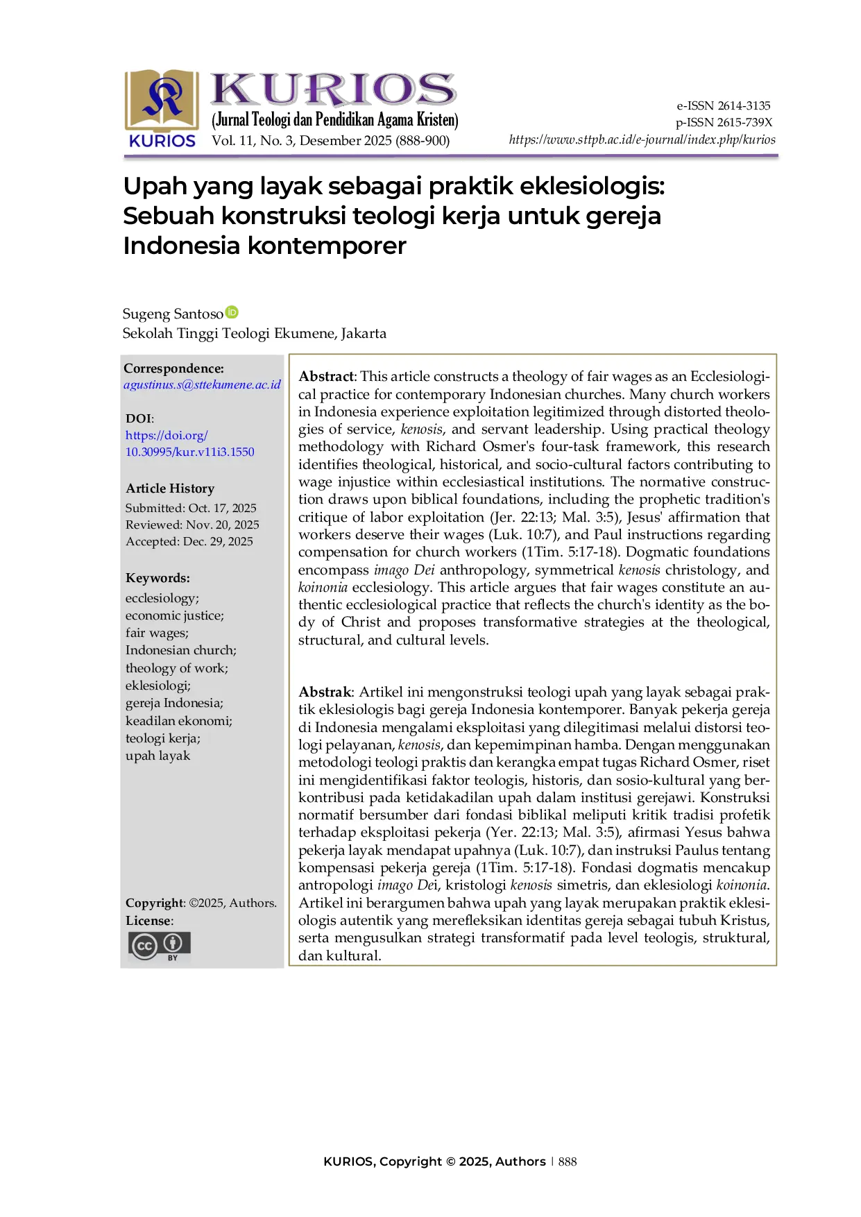 JURIS Upah yang layak sebagai praktik eklesiologis Sebuah konstruksi teologi kerja untuk gereja Indonesia kontemporer