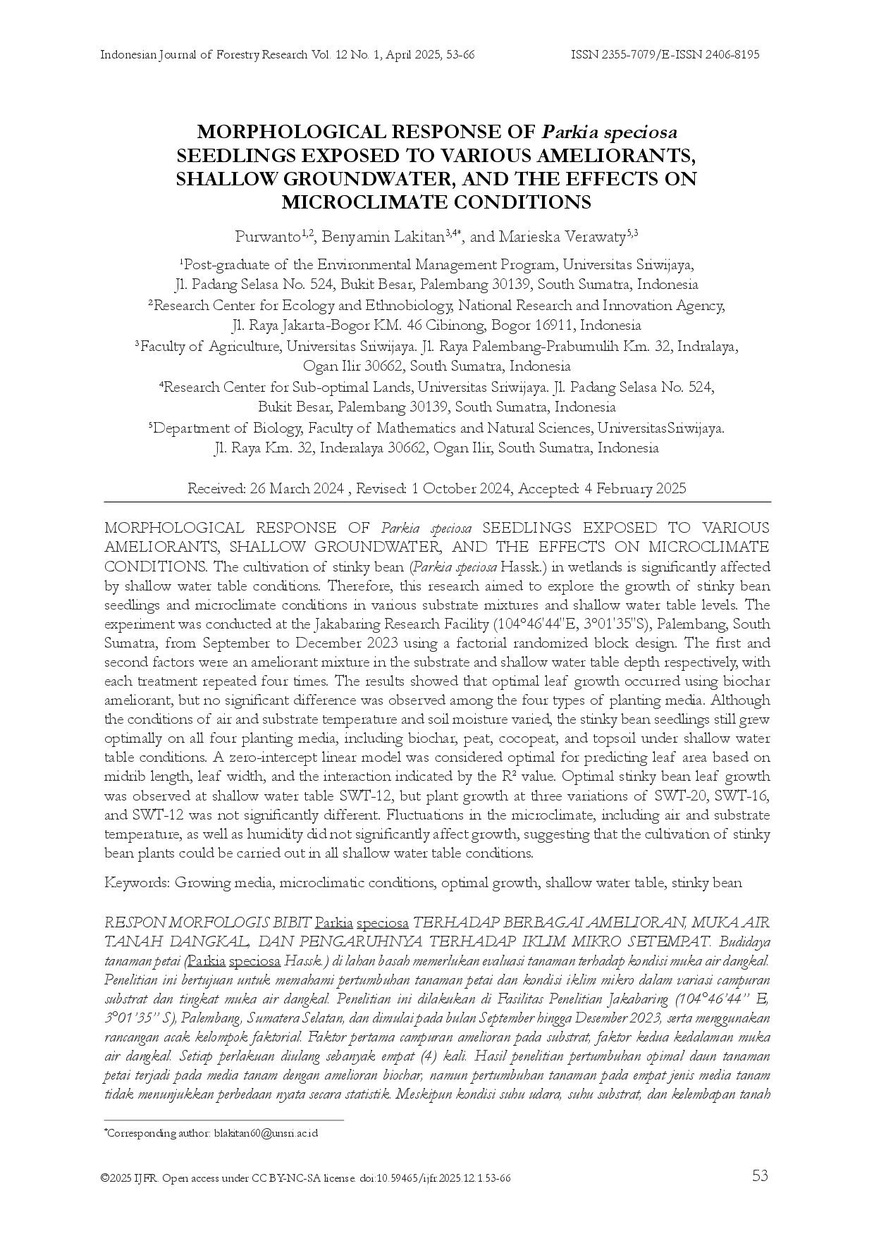 juris MORPHOLOGICAL RESPONSE OF Parkia speciosa SEEDLINGS EXPOSED TO VARIOUS AMELIORANTS SHALLOW GROUNDWATER AND THE EFFECTS ON MICROCLIMATE CONDITIONS