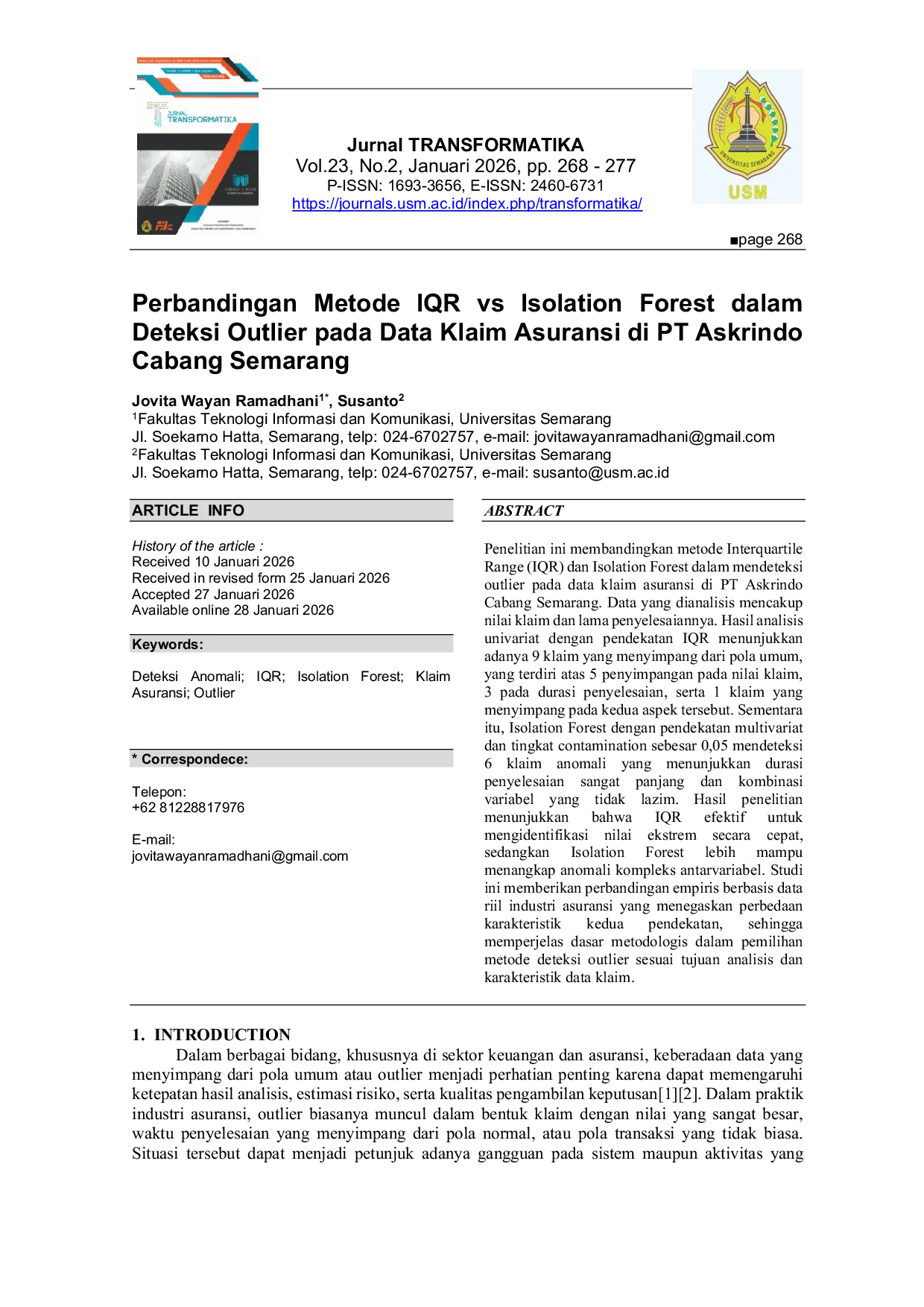 JURIS Comparison of IQR and Isolation Forest Methods for Outlier Detection in Insurance Claim Data at PT Askrindo Semarang Branch