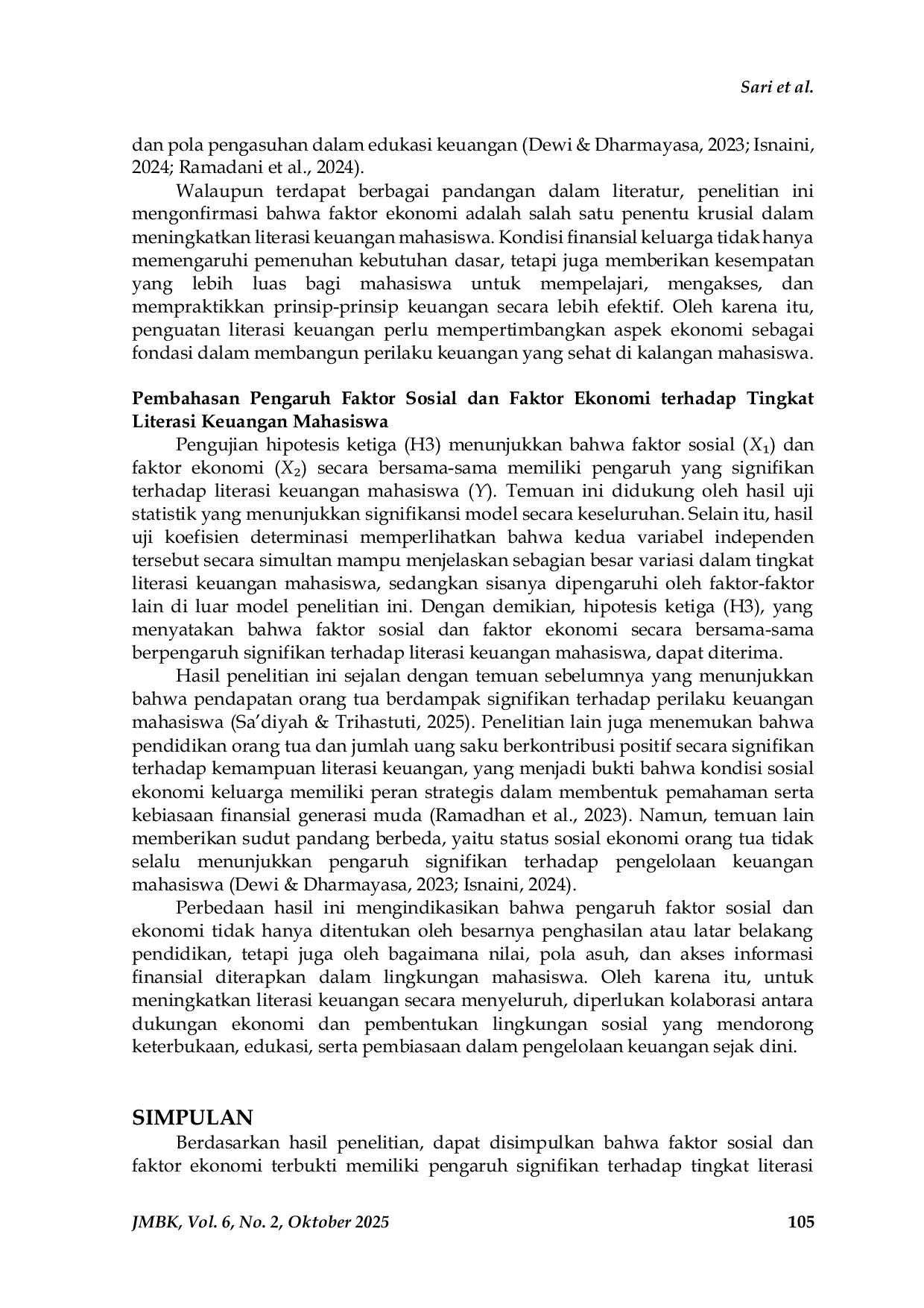 JURIS Pengaruh Faktor Sosial dan Ekonomi Terhadap Tingkat Literasi Keuangan Mahasiswa