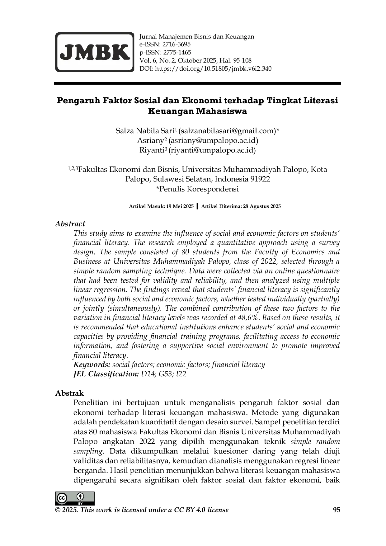 JURIS Pengaruh Faktor Sosial dan Ekonomi Terhadap Tingkat Literasi Keuangan Mahasiswa