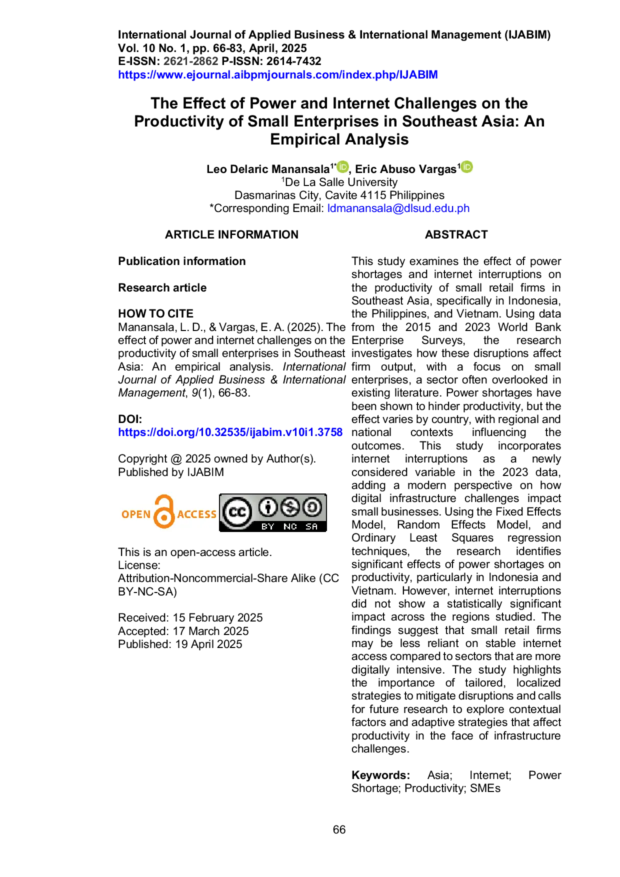 JURIS The Effect of Power and Internet Challenges on the Productivity of Small Enterprises in Southeast Asia An Empirical Analysis