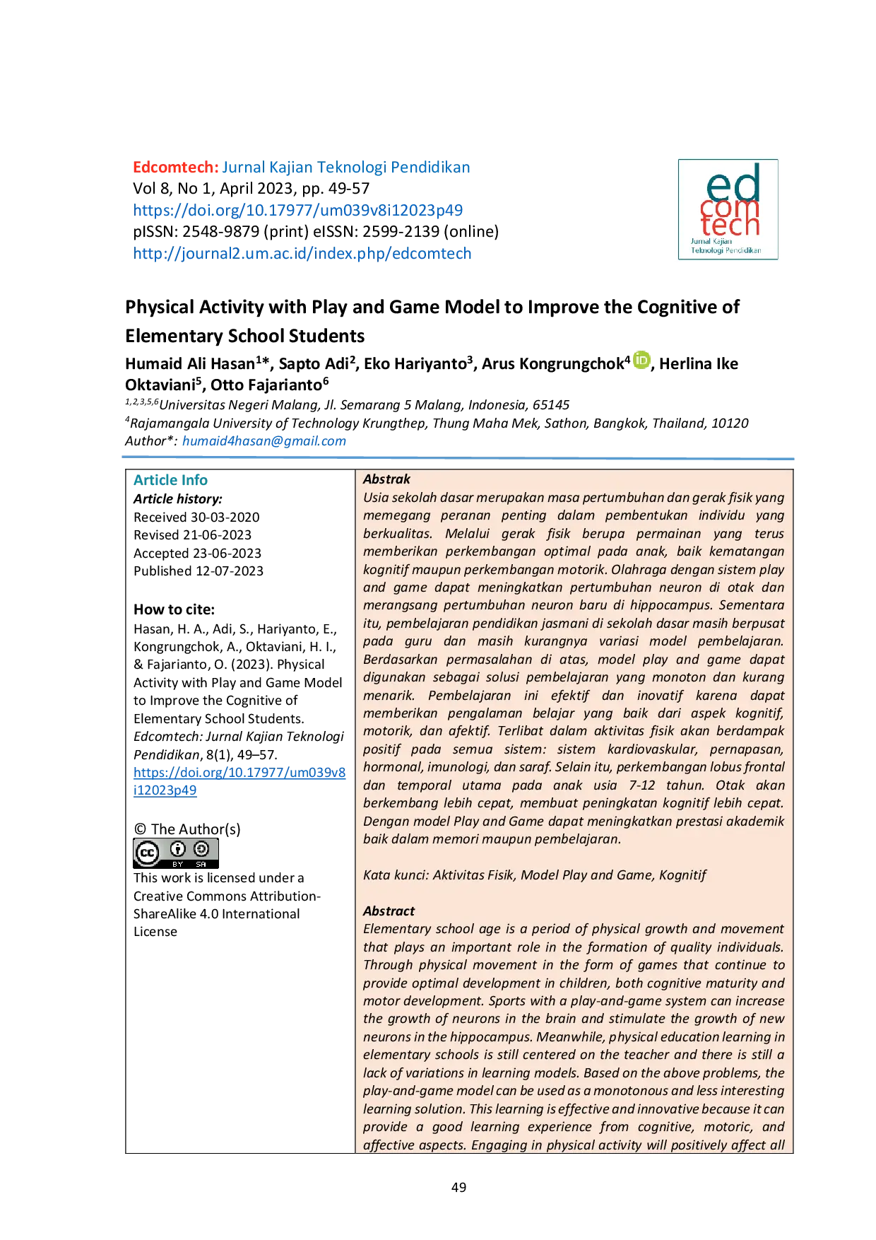JURIS Physical Activity with Play and Game Model to Improve The Cognitive of Elementary School Students