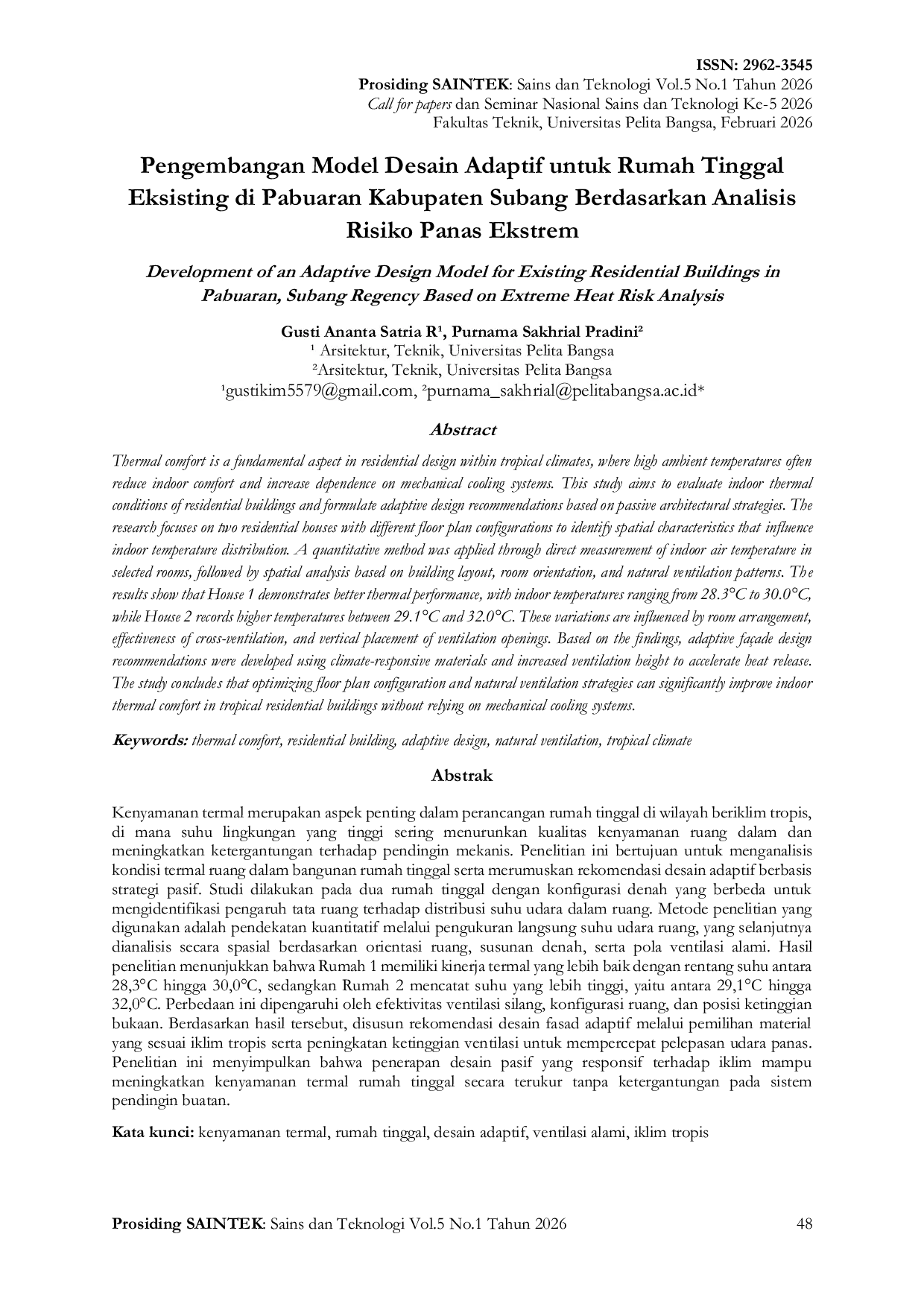 JURIS Pengembangan Model Desain Adaptif untuk Rumah Tinggal Eksisting di Pabuaran Kabupaten Subang Berdasarkan Analisis Risiko Panas Ekstrem
